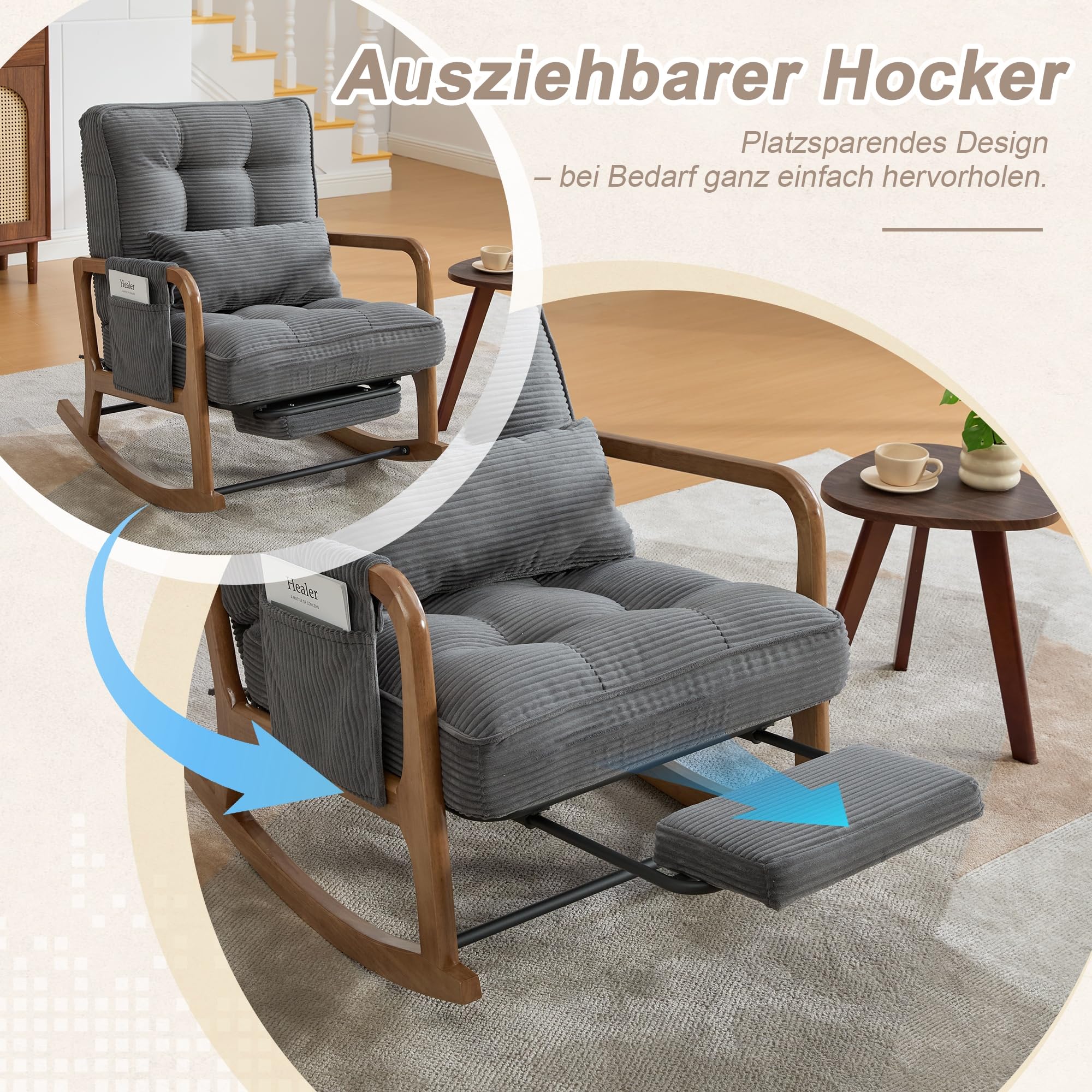 Fotel bujany z podnóżkiem, 70 szer. x 80 gł. x 92 cm, fotel bujany z