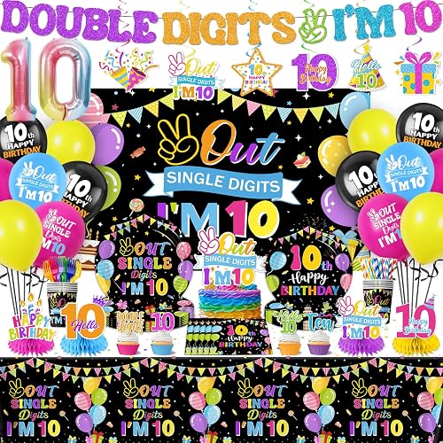 10th Birthday Decorations for Girl,172pcs 10 Year Old Girl Birthday Decorations Double Digits Birthday girl Plates and Napkins Cups Tablecloth Banner Honeycomb for Peace Out Single Digits Party Decor