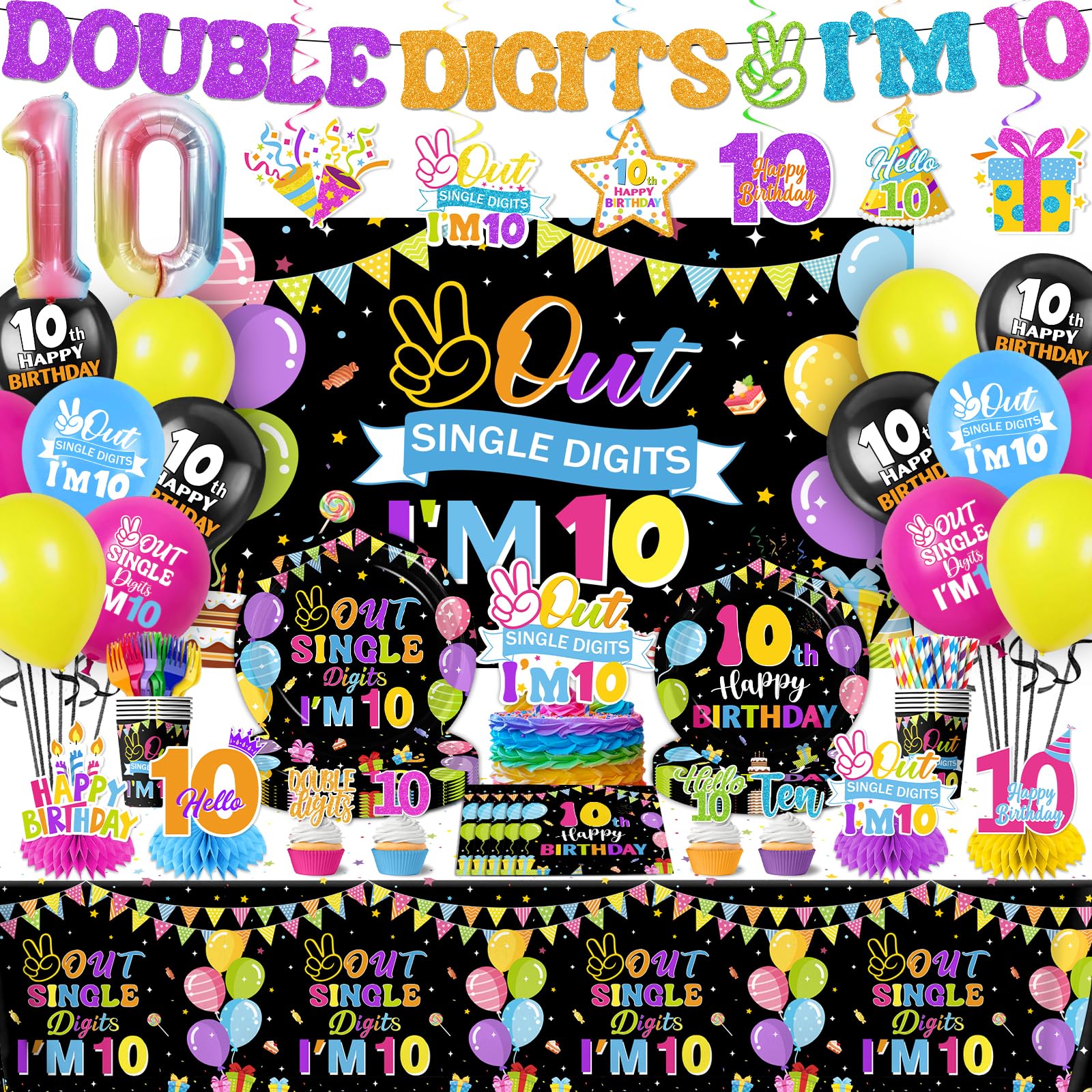 10th Birthday Decorations for Girl,172pcs 10 Year Old Girl Birthday Decorations Double Digits Birthday girl Plates and Napkins Cups Tablecloth Banner Honeycomb for Peace Out Single Digits Party Decor