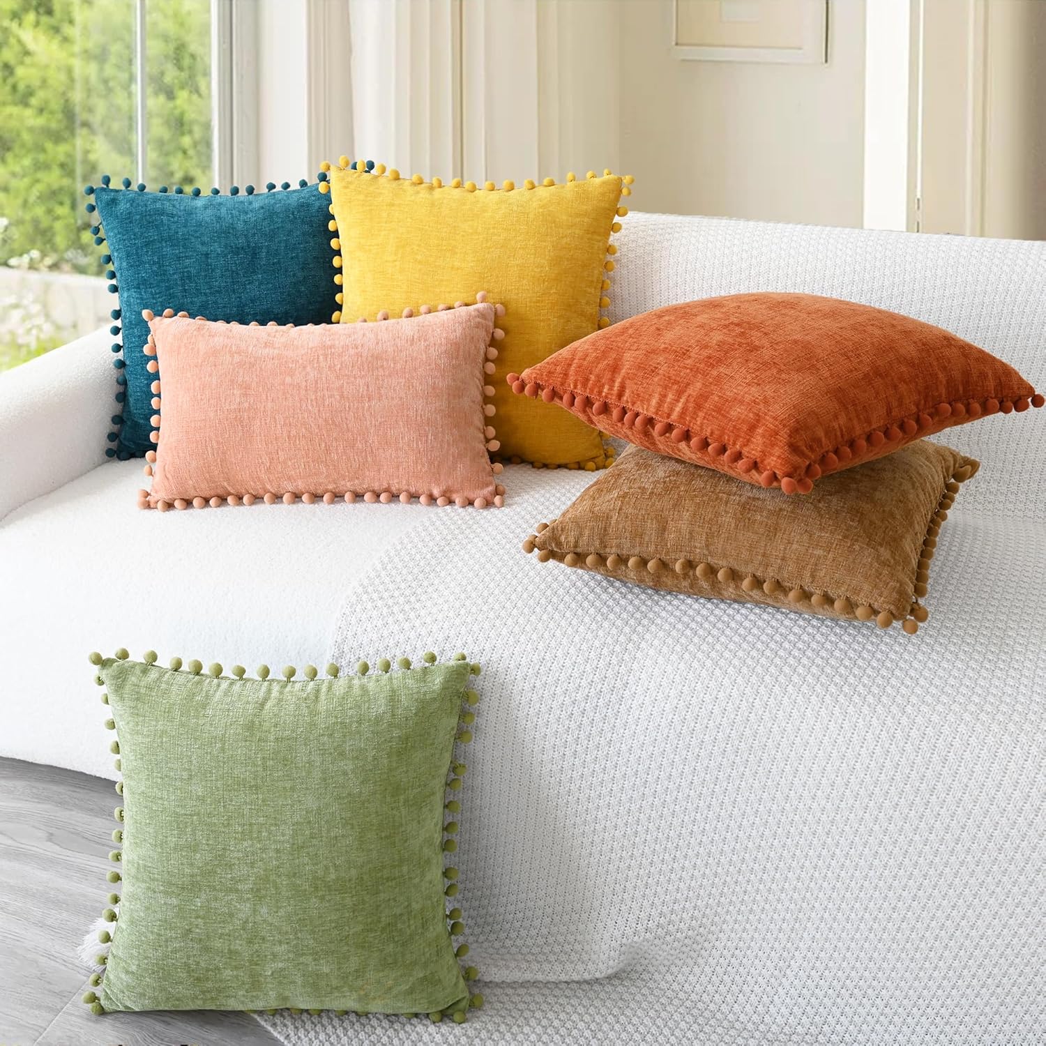 CaliTime Throw Pillow Covers Decorative 18 X 18 Inches Pack of 2 Cozy Solid Dyed Soft Chenille Cushion Cases with Pom Poms for Couch Sofa Bed Living Room Home Apricot Brown