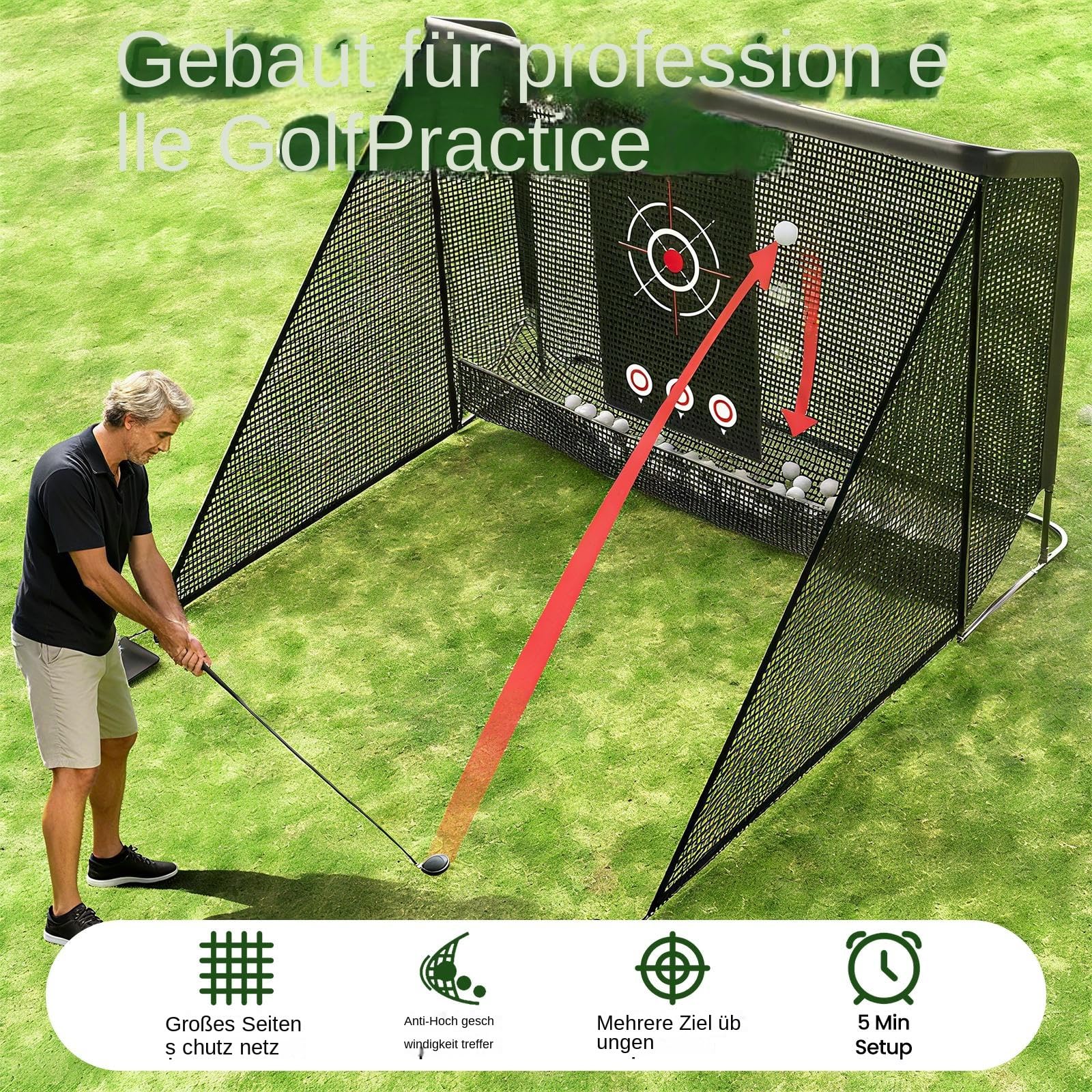 Golf-Übungsnetz, 300 x 210 cm großes Golfnetz mit Seitenbarrieren/automatischer Ballrückführung, geräuscharmer Zielscheibe, Tragetasche, 4 Heringen, Übungsnetz für Indoor/Outdoor-Training