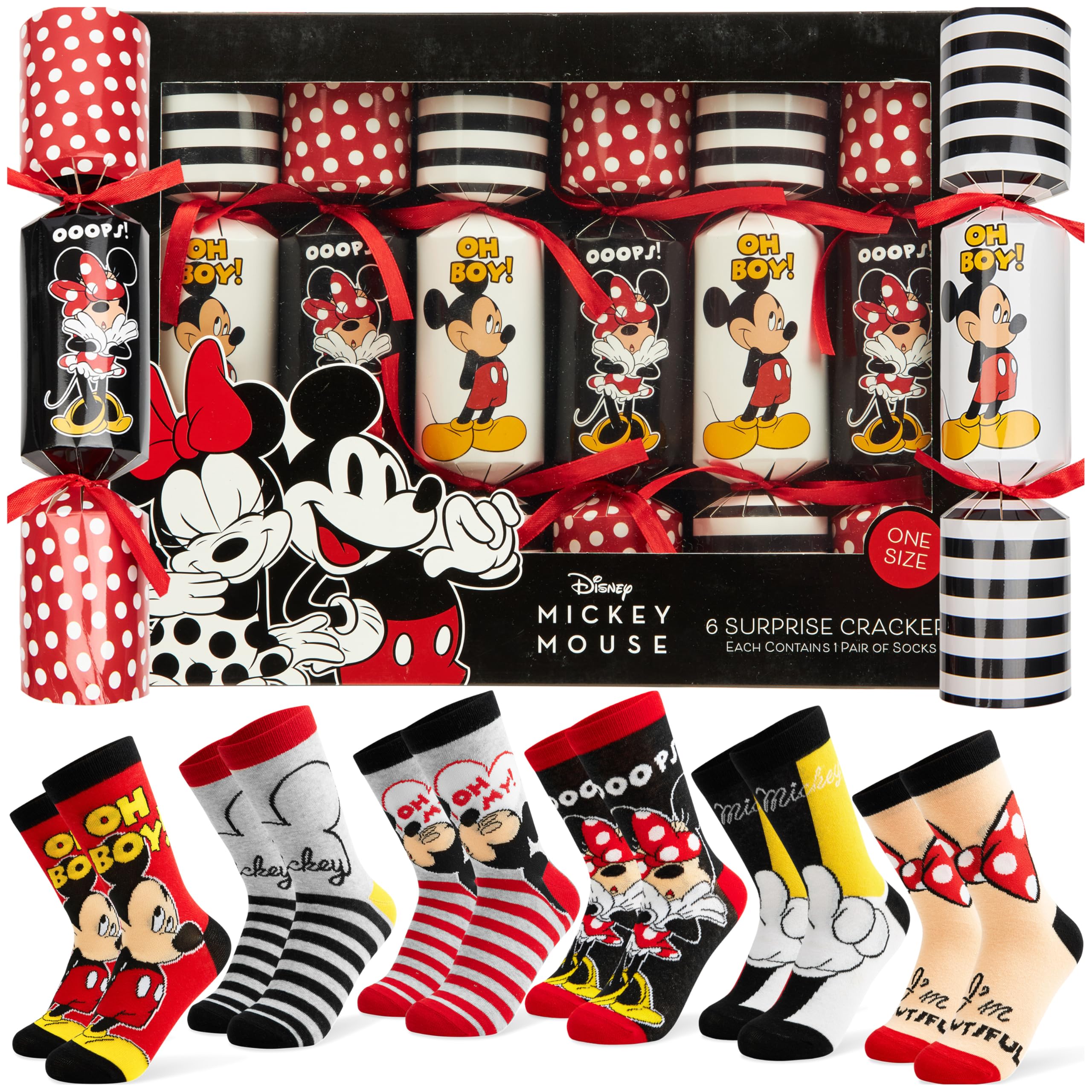 Disney Luxury Christmas Crackers, Pack of 6 Deluxe Xmas Crackers with One Size Calf Length Socks Inside, Fun Novelty Christmas & Party Table Gifts (Black Minnie Mickey - Adult)