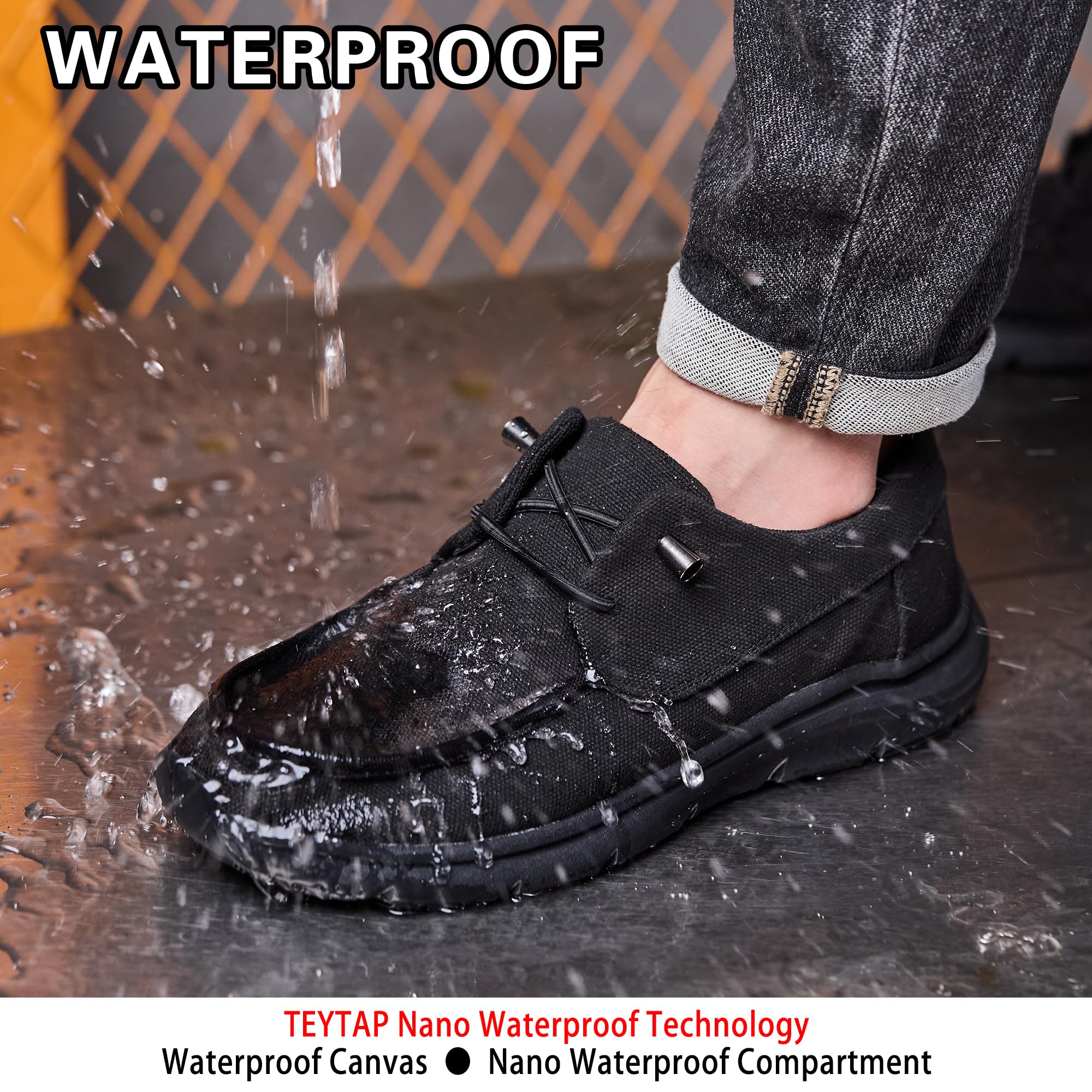 TEYTAP Waterproof Non Slip Work Shoes for Men Women Black Slip Resistant Food Service Chef Kitchen Restaurant Shoes Slip On Loafers Casual Lightweight Canvas Walking Shoes