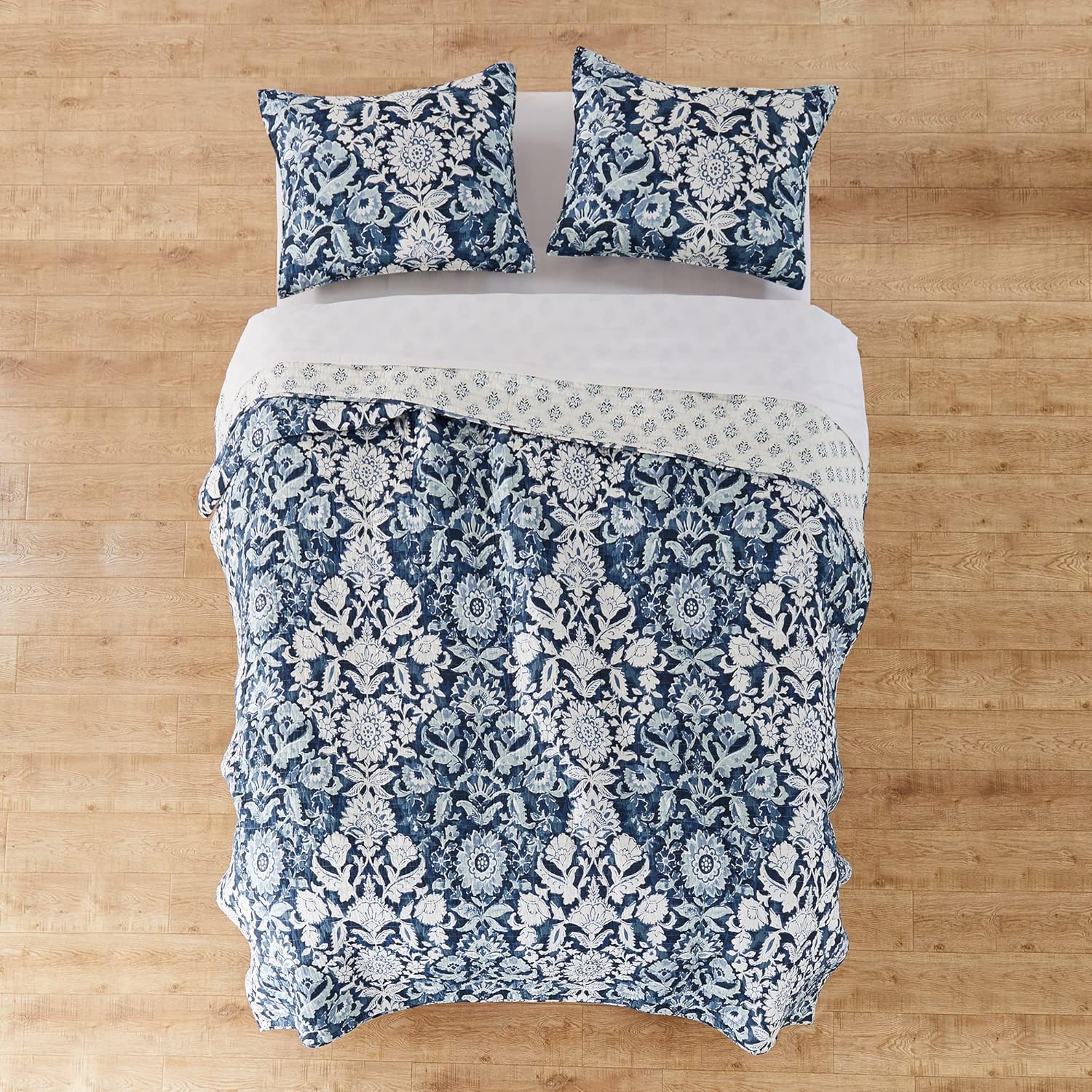 Levtex Home - Laure Indigo Quilt Set - Full/Queen Quilt and Two Standard Shams - Floral - Indigo, Blue and White - Quilt (88x92in.) and Shams (20x26in.) - Reversible - Cotton