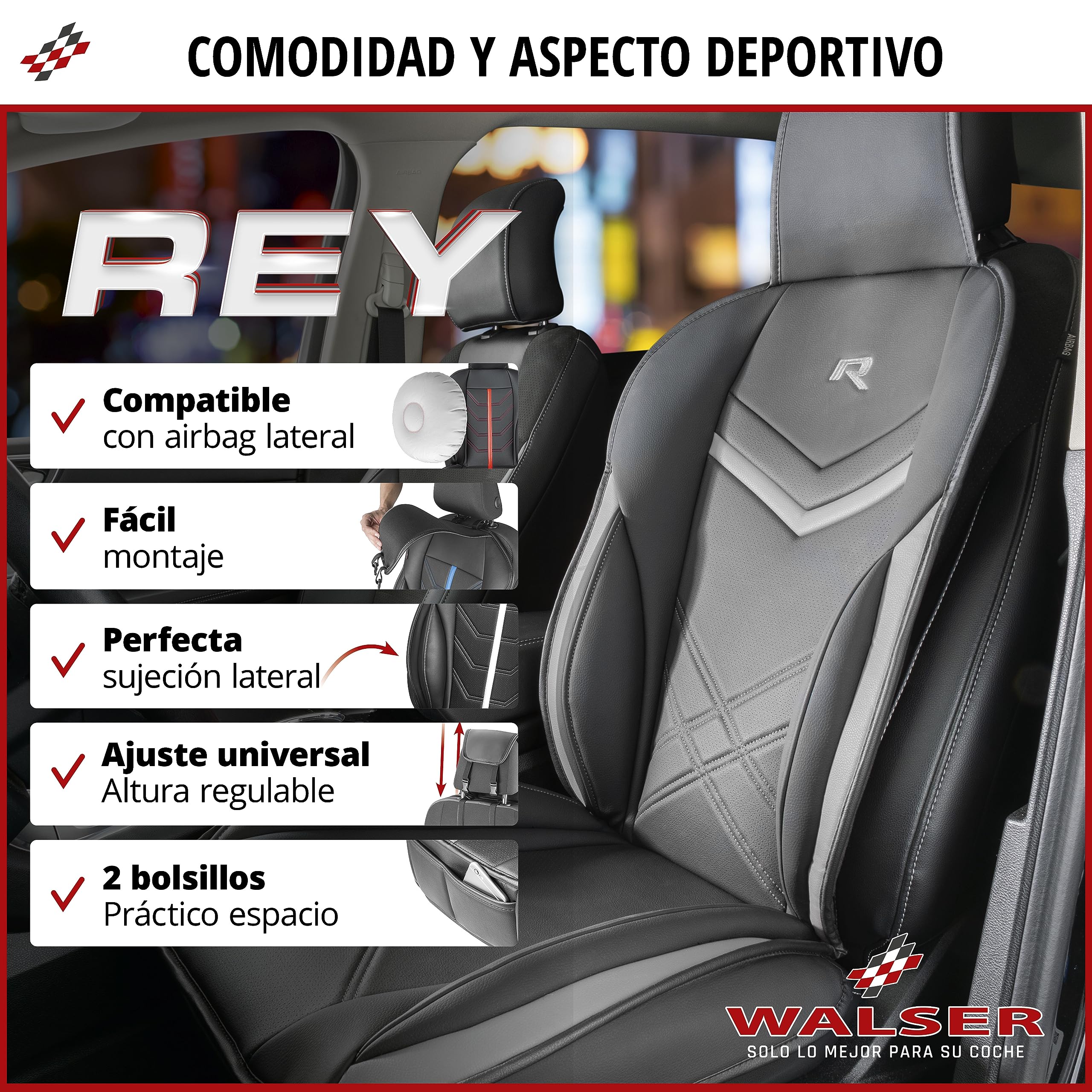 Walser Funda de Asiento de Coche Rey, Universal Almohadilla Protectora en Negro-Gris, para Coches y Camiones con aspecta de Carreras