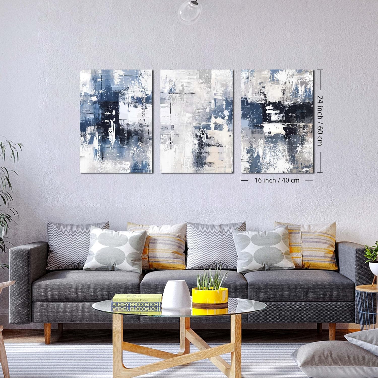 White and Blue Abstract Canvas Wall Art for Bathroom Living Room Bedroom Home Office Modern Framed Grey Abstract Picture Prints Size 16" x 24" x 3 Pieces