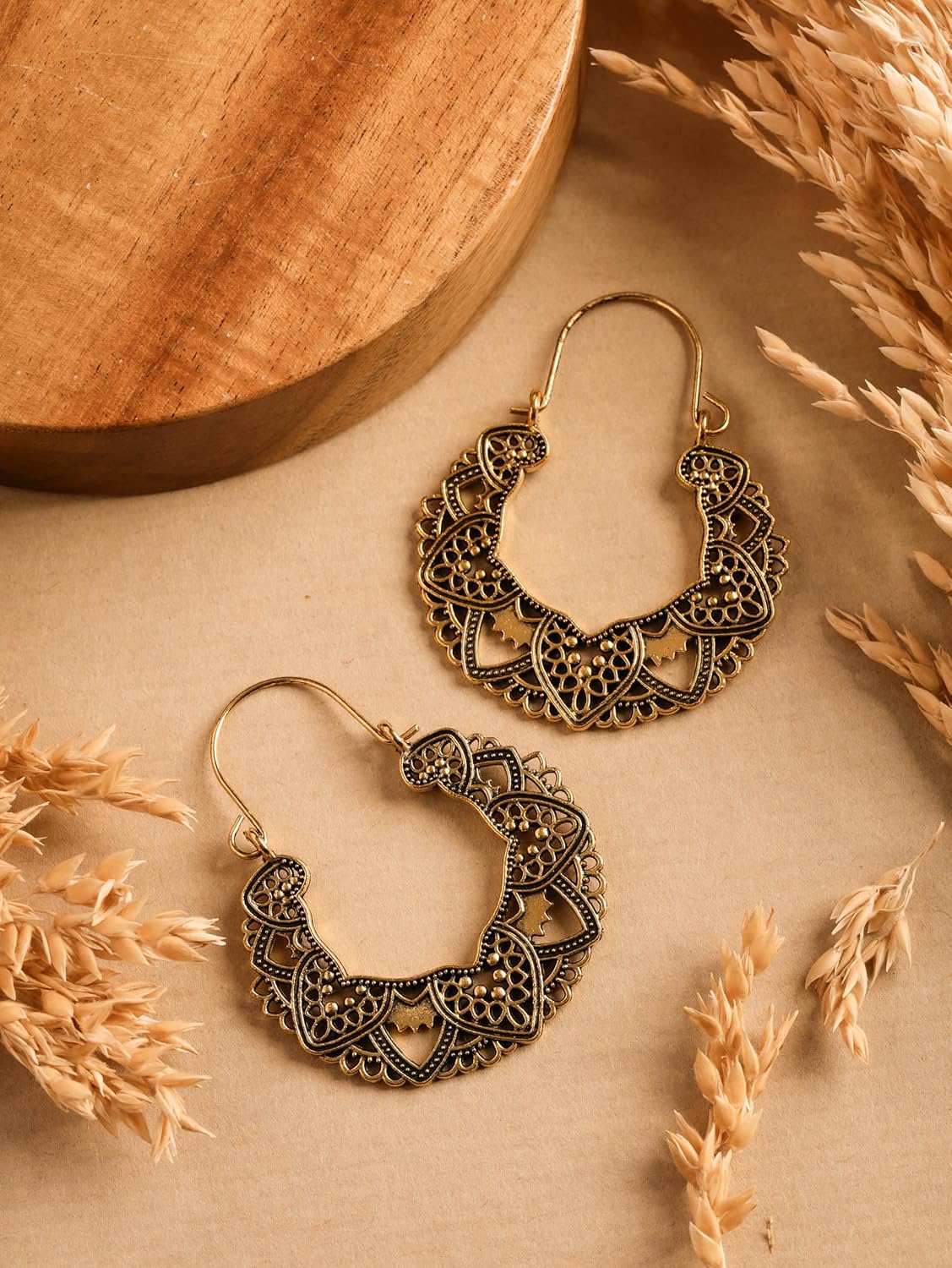 MINACHI Boho Antique Gold Plated Heart Scalloped Filigree Dangle Hoop Earrings, Tribal Bohemian Jewelry Gift for Women - Image 2