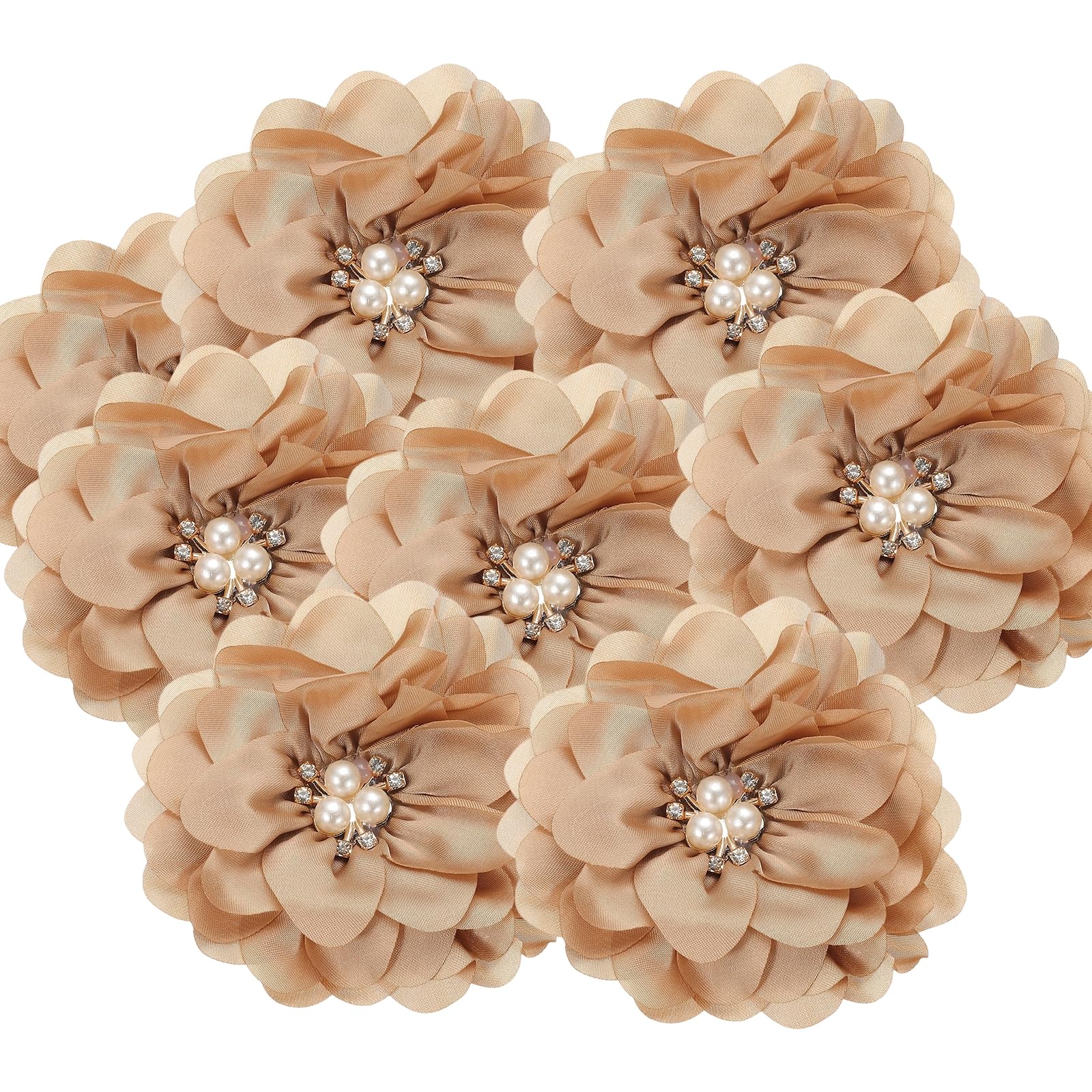 PATIKIL 3.15 Inch Chiffon Flowers, 5 Pcs Fabric Flowers Rhinestone Pearl Large Camellia Sewing Appliques for DIY Crafts Dresses Clothing Headbands Wedding Party Decoration, Beige — image 1