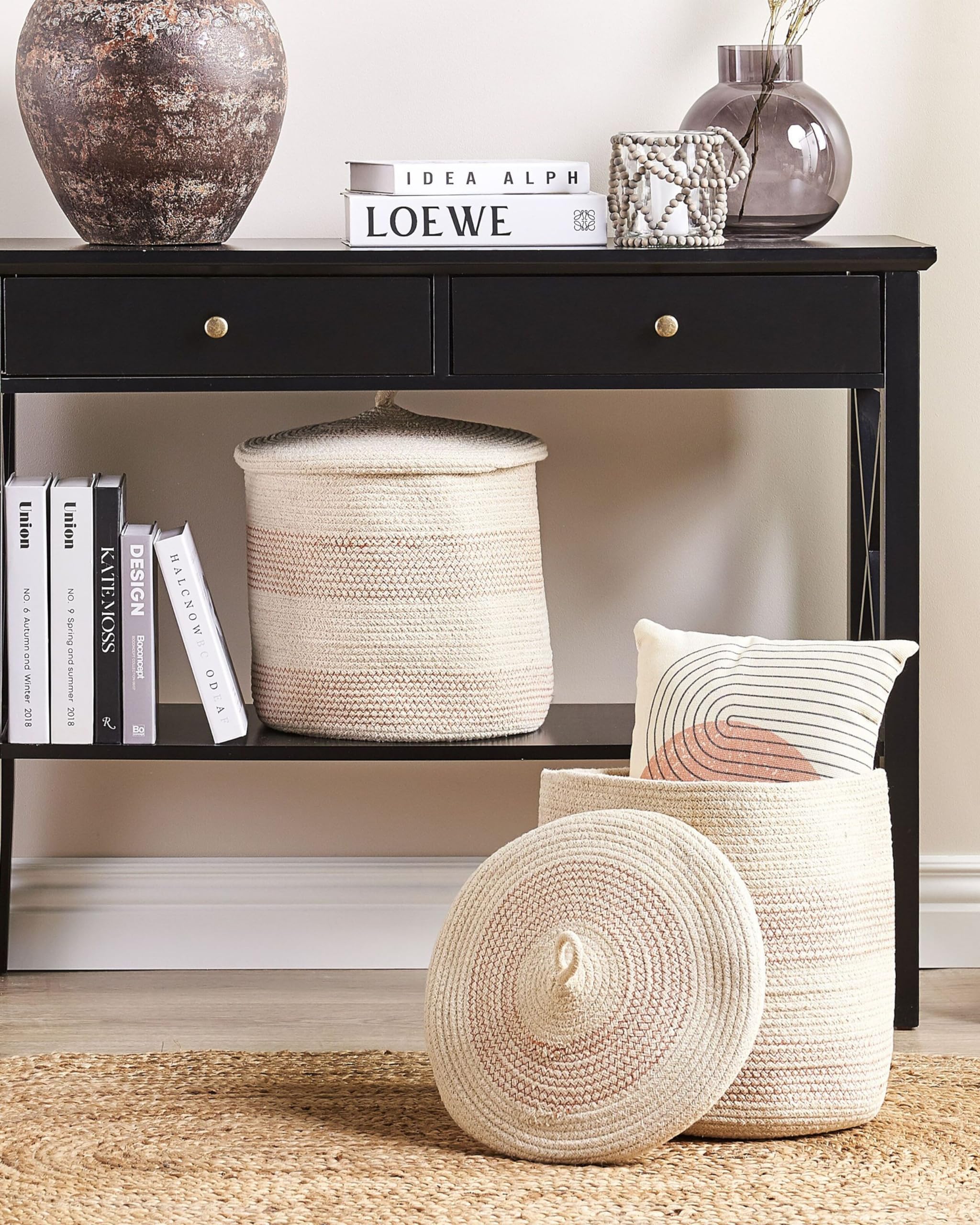 Korb 2er Set Baumwolle hellbeige/rosa geflochten gestreift mit Deckel Boho-Design Silopi