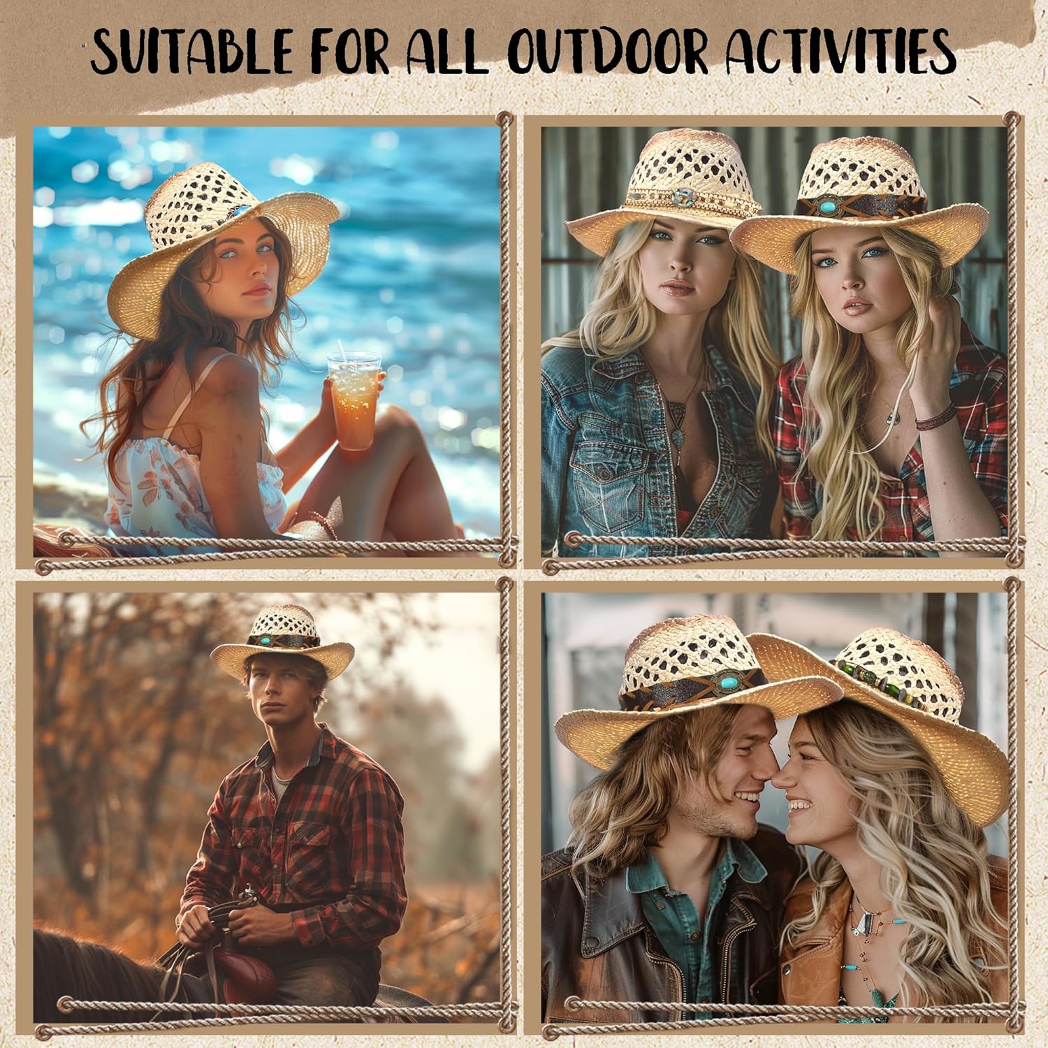 Straw Cowboy Hat Western Cowgirl Hat with Four Decorative Bands, Hat Size Fits 21 7/8 to 23, Wide Brim - Image 6