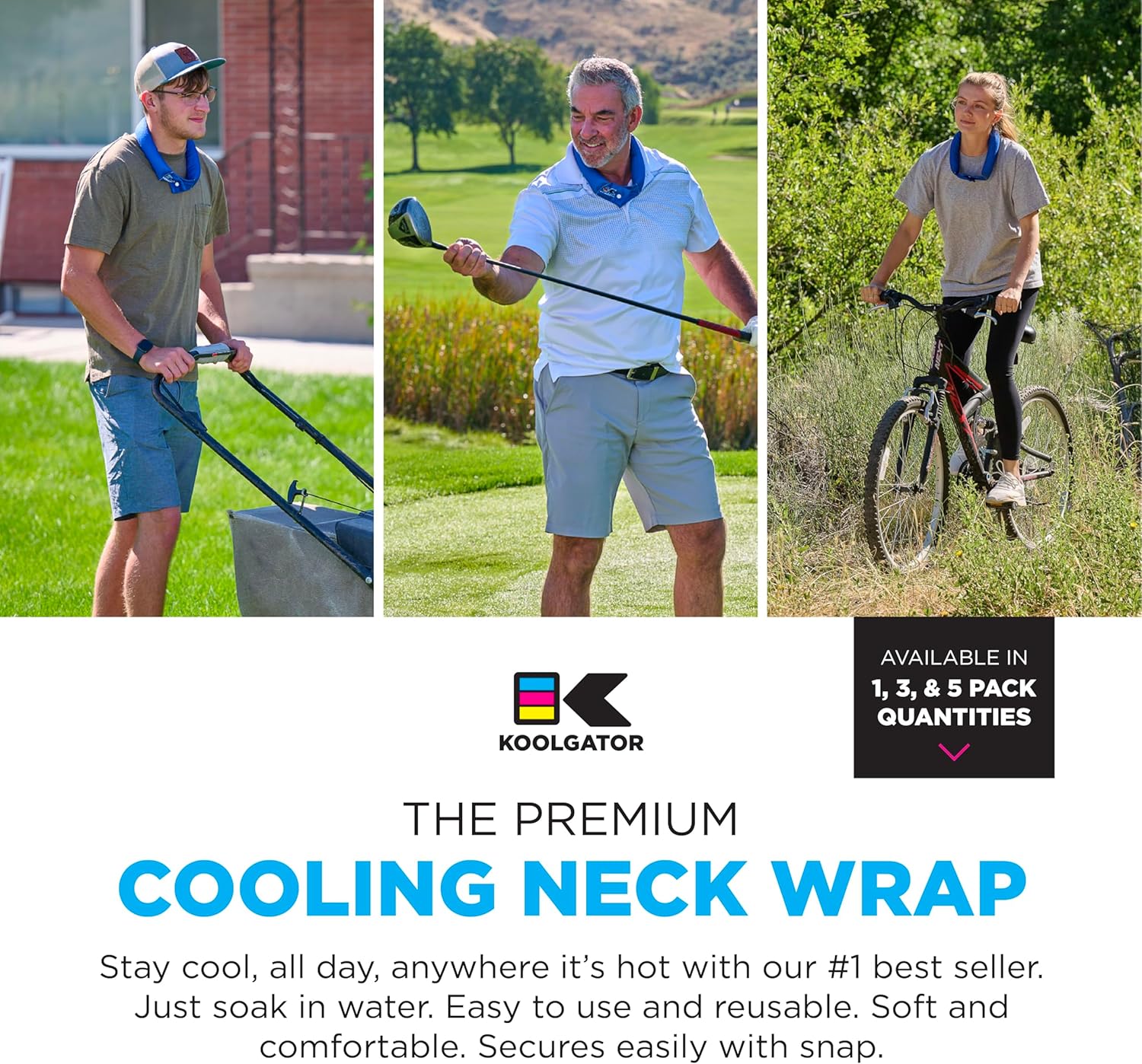 KOOLGATOR Evaporative Cooling Neck Wrap – Reusable Neck Cooler with Long Lasting Relief During Hot Weather Activities, Sports, & Outdoor Work, Royal Blue, 5 Pack