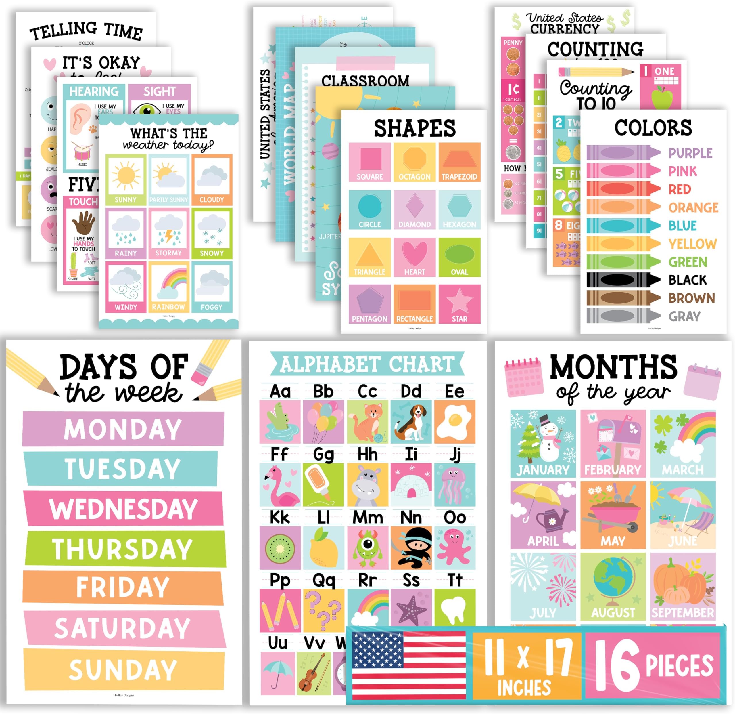 Hadley Designs 16 Educational Posters for Toddlers 1-3 - Learning Poster for Kids Ages 3-5, Alphabet Chart Playroom Homeschool Daycare & Classroom Decor, Kindergarten & Preschool Classroom Must Haves