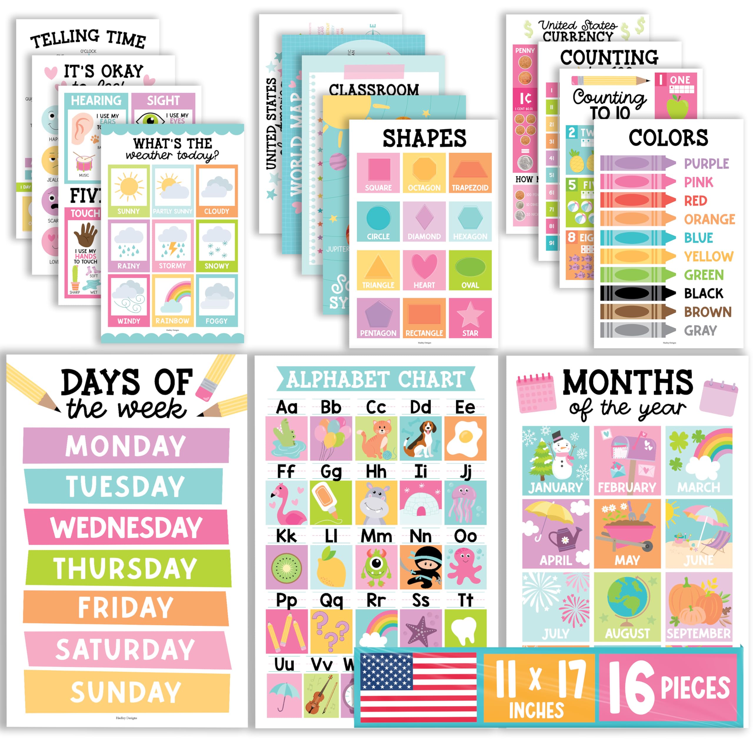 Hadley Designs 16 Educational Posters for Classroom Decor - Pastel Educational Posters for Toddlers 1-3, Toddler Learning Poster for Kids Ages 3-5, Kindergarten & Preschool Classroom Must Haves