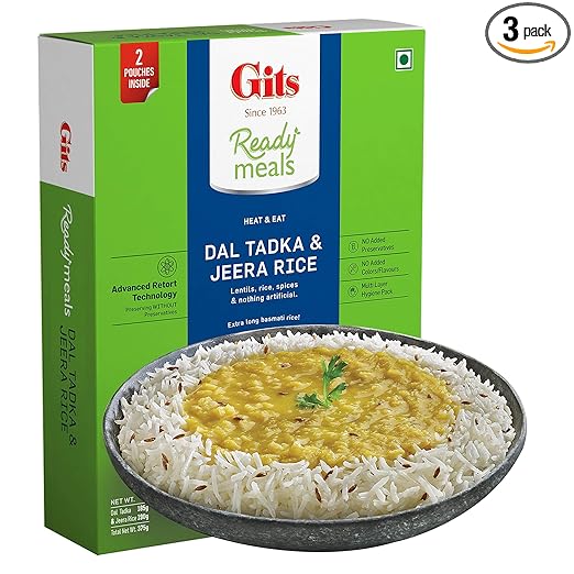 Gits Ready to Eat Jeera Rice & Dal Tadka Combo Meal, Pure Veg, Heat and Eat, 375g