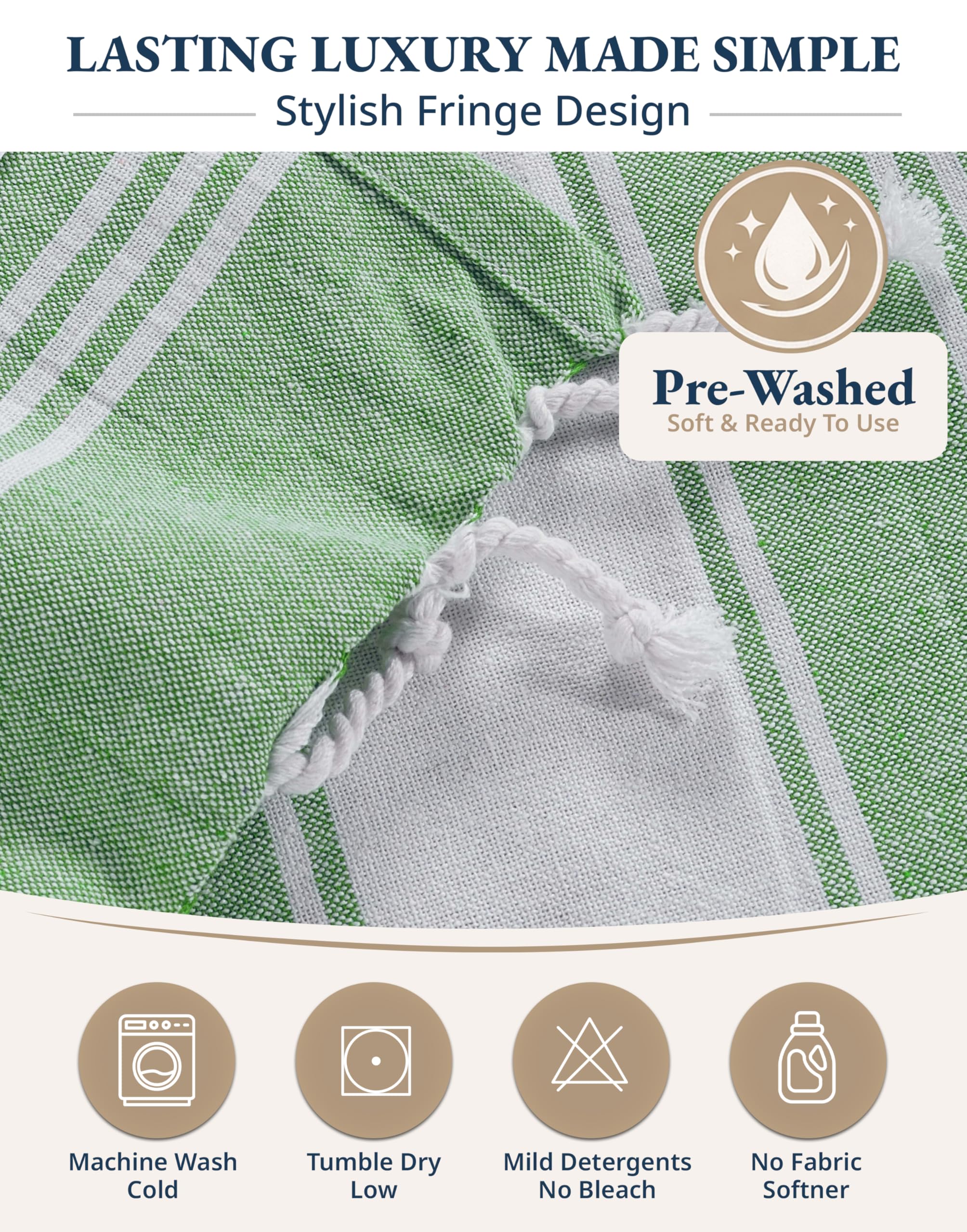 LANE LINEN Lot de 4 serviettes de plage turques surdimensionnées, 99,1 x 180,3 cm, serviettes de piscine légères et à séchage rapide, serviettes de voyage pré-lavées, anti-sable et absorbantes, vert