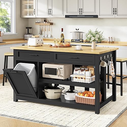 Kitchen Island with Storage and Seating Include 2 Bar Stools, 47" Solid Rubberwood Top Kitchen Island with Trash Can Storage, Power Outlet, 2 Drawers & Open Shelves Cabinet, Dining Table for 2, Black
