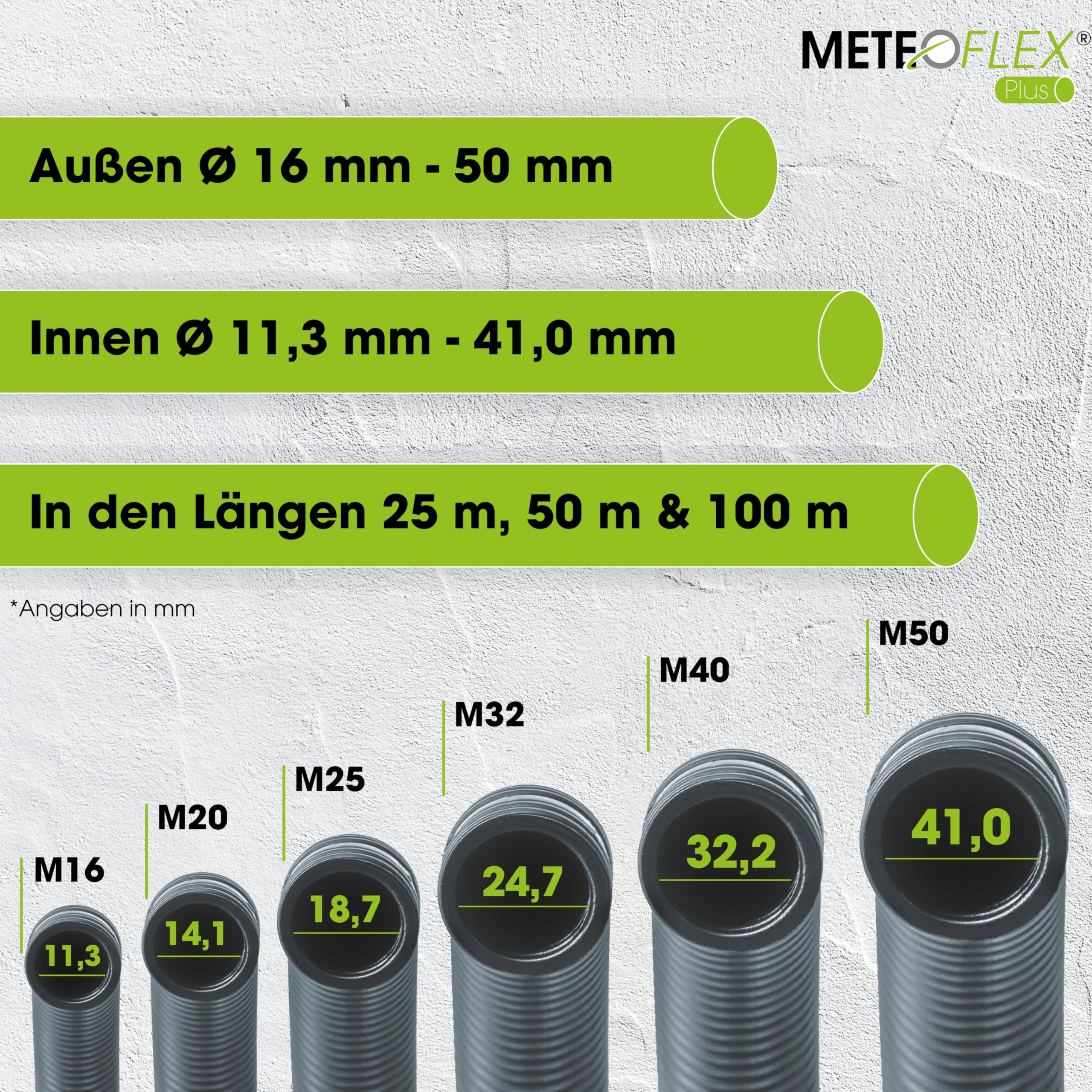 METEOFLEX PLUS Leerrohr 750N M16 / M20 / M25 / M32 / M40 / M50 aus PE-HD - Wellrohr für Erdreich, Erdverlegung, Außenbereich, Beton, etc. - hohe Druck- & Schlagfestigkeit (M25-50m)