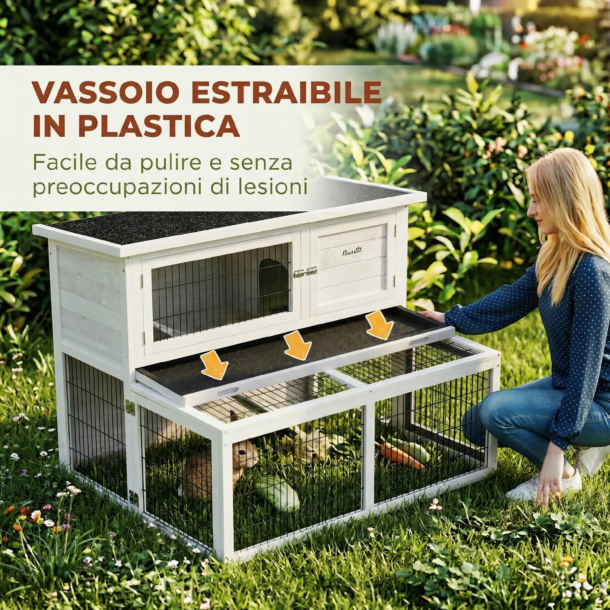 PawHut Conigliera da Esterno e Interno a 2 Livelli, Gabbia per Conigli con Vassoio Rimovibile, Cassetta per 2-3 Conigli con Area Aperta e Tetto Sollevabile in Legno di Abete 122x95x93,5 cm Grigio