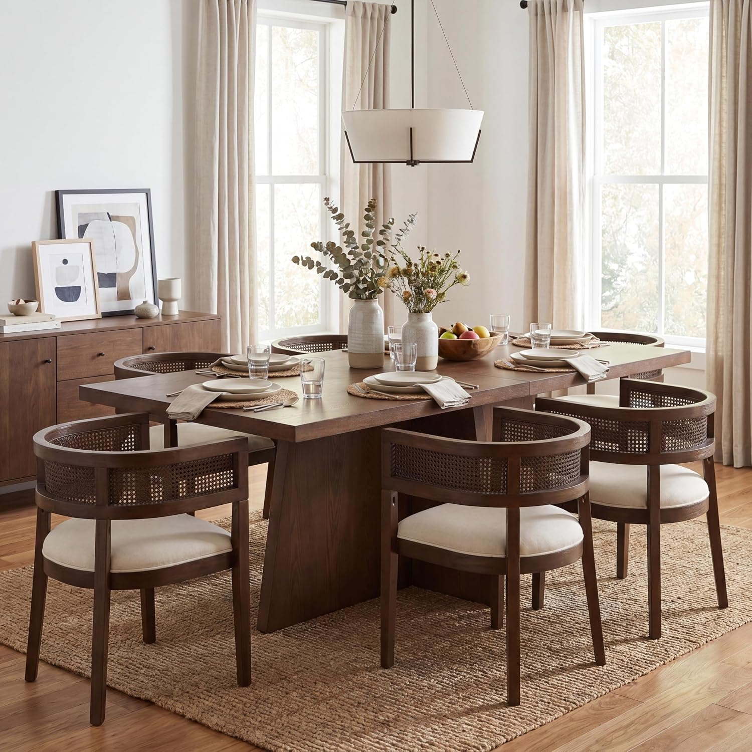 Christopher Knight Home Evat Modern Dining Table Set for 6, Kitchen Table and Dining Chairs Set of 6, Rubberwood Dining Room Table Set for 6, Beige+Walnut