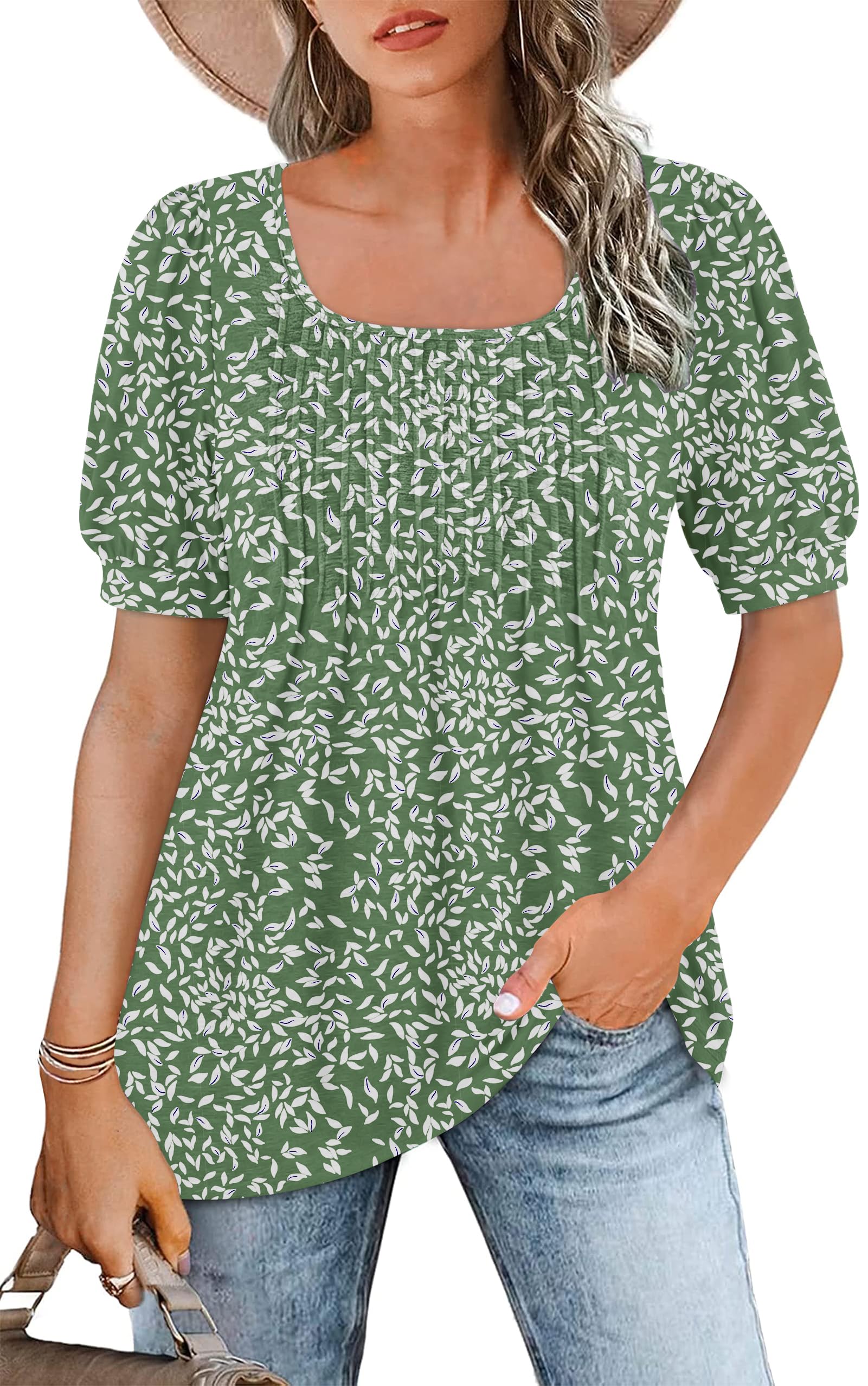 WNEEDU Womens Summer Shirts Plus Size Tops Puff Short Sleeve Square Neck Tunic Top Dressy Pleated Blouse 2026