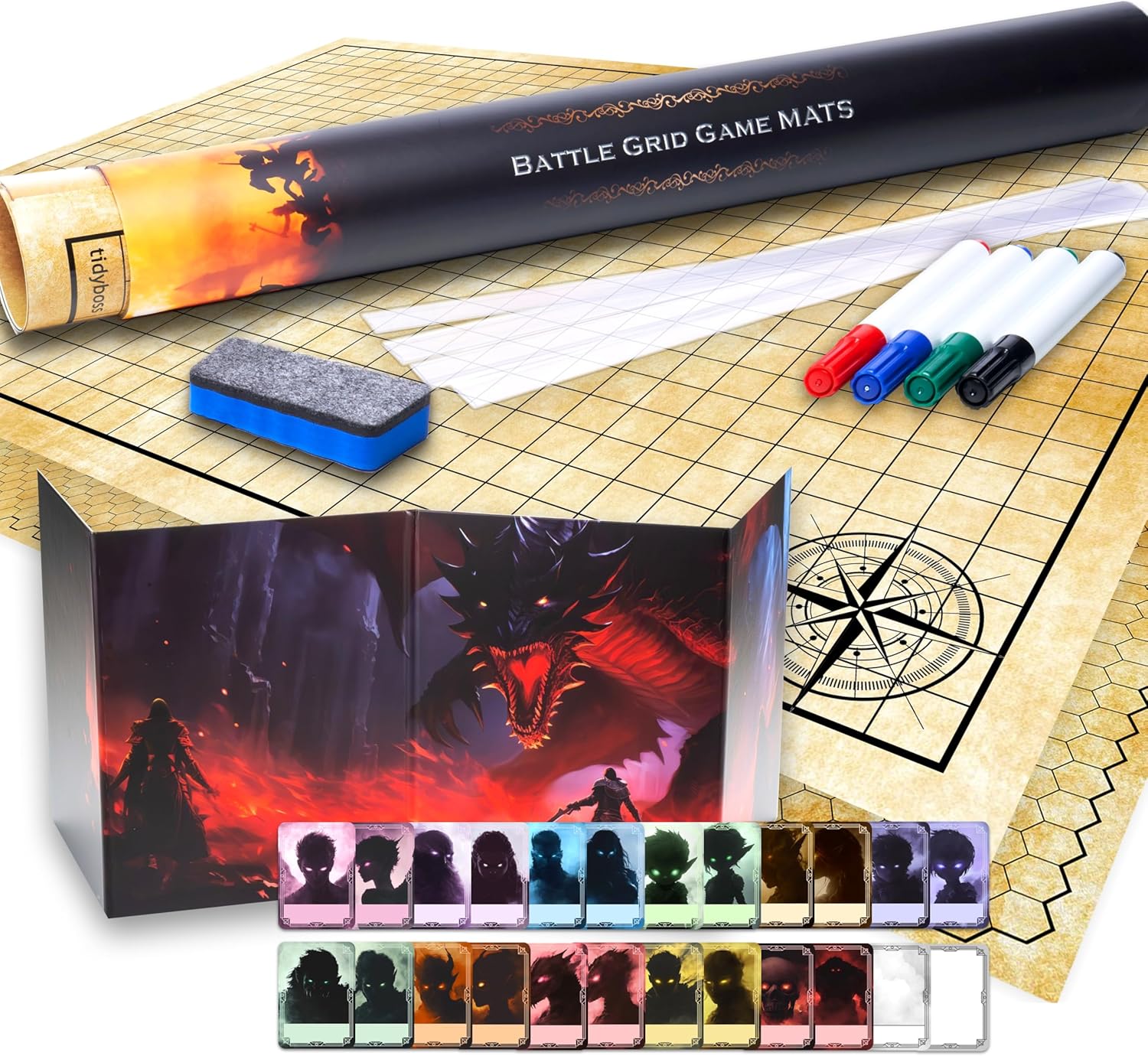 TIDYBOSS Large DND Map with DM Screen and 50 Pieces Initiative Tracker | Double-Sided with Grids & Hexes Map | DND Starter Kit & Warhammer Terrain | Accessories Included
