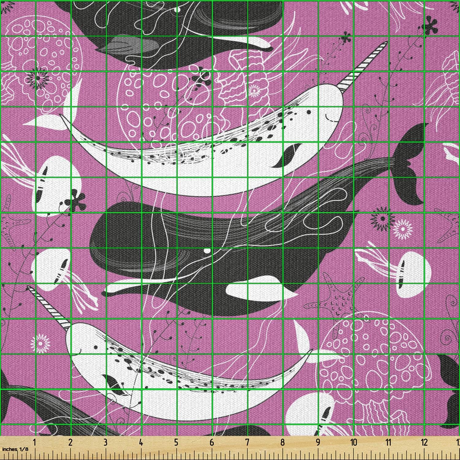 Ambesonne Whale Fabric by The Yard, Narwhal Mammal Ocean Animal Open Sea Abstract Depiction Illustration, Stretch Knit Fabric for Clothing Sewing and Arts Crafts, 3 Yards, Pink and Charcoal Grey
