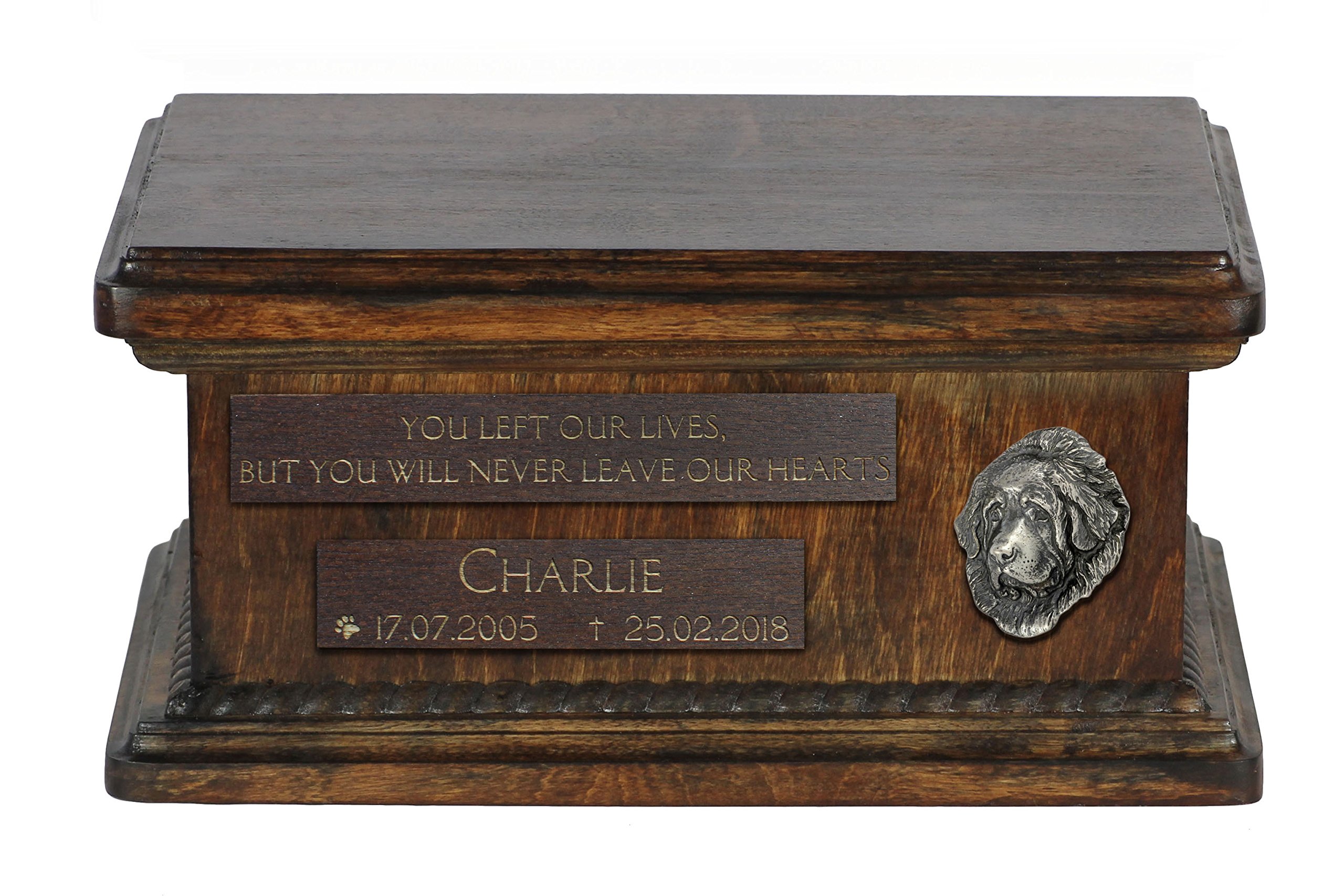Urne pour chien Dogue du Tibet avec portrait en bronze fait main