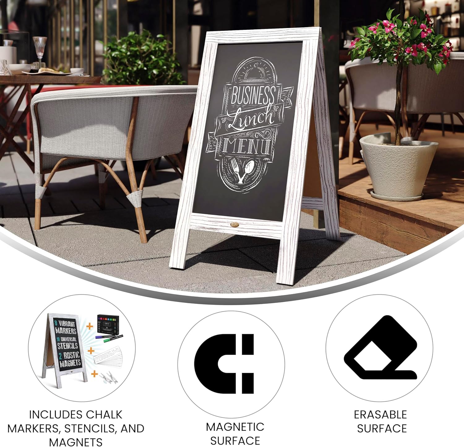 EMMA + OLIVER Burke Deluxe Magnetic Chalkboard Set - Whitewash Wood Frame - Double Sided - 40"x20" - Includes 8 Chalk Markers, 10 Stencils, Eraser, 2 Rustic Magnets