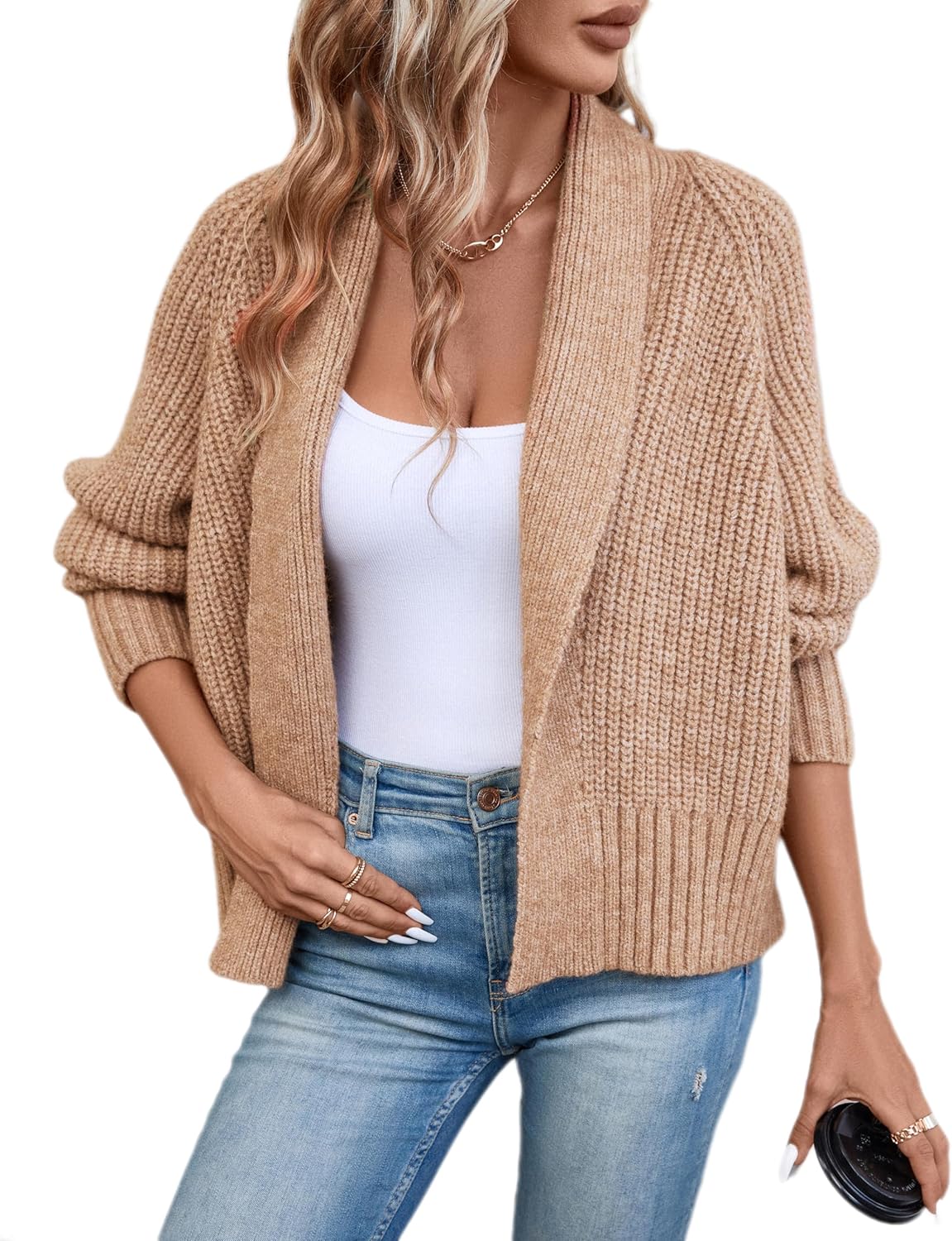 Women's Cardigan Sweaters Fall Winter Open Front Batwing Long Sleeve Shawl Neck Chunky Knit Loose Outwear Coats