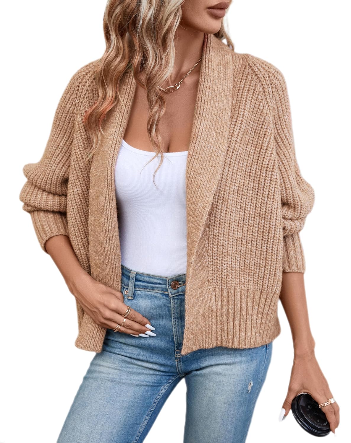 Womens Cardigan Sweaters Fall Winter Open Front Batwing Long Sleeve Shawl Neck Chunky Knit Loose Outwear Coats