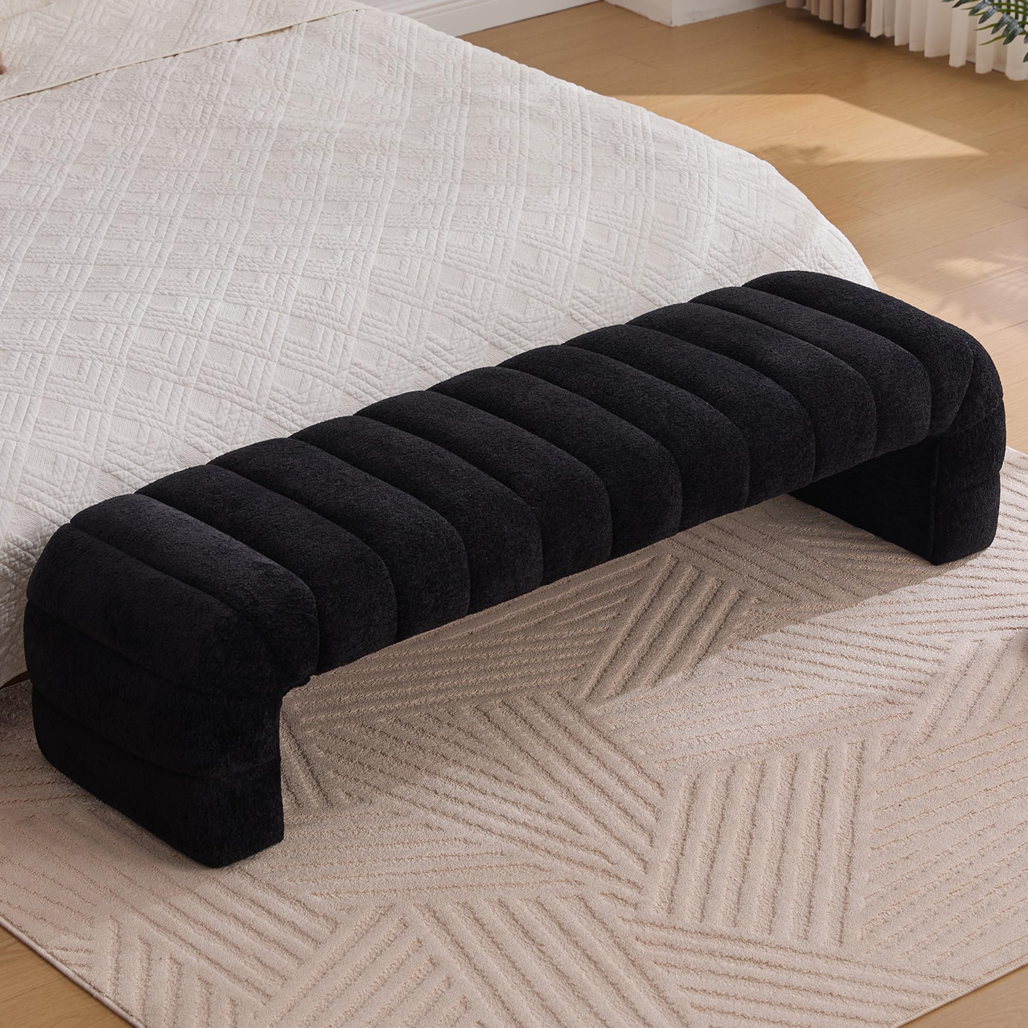 poneeridea 66.7" End of Bed Bench Black,End of Bed Ottoman Bench,Chenille Modern Upholstered Window Seat and Benches, Living Room Entryway Bench