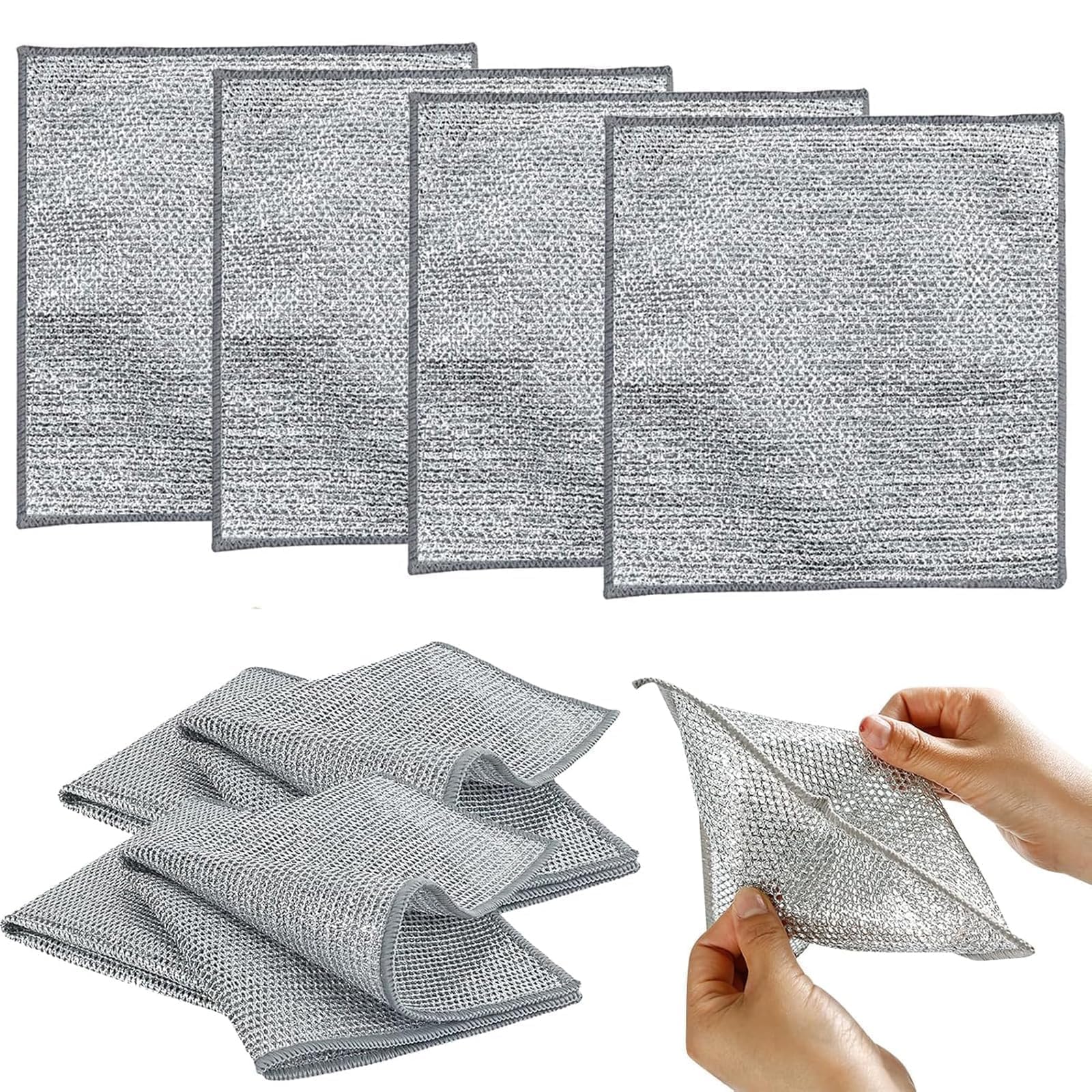 4 Pcs double layer silver wire dishwashing cloths,Silver Mesh Dishcloths Wire Dishcloth for both dry and wet use, suitable for kitchen and daily life 20x20 cm