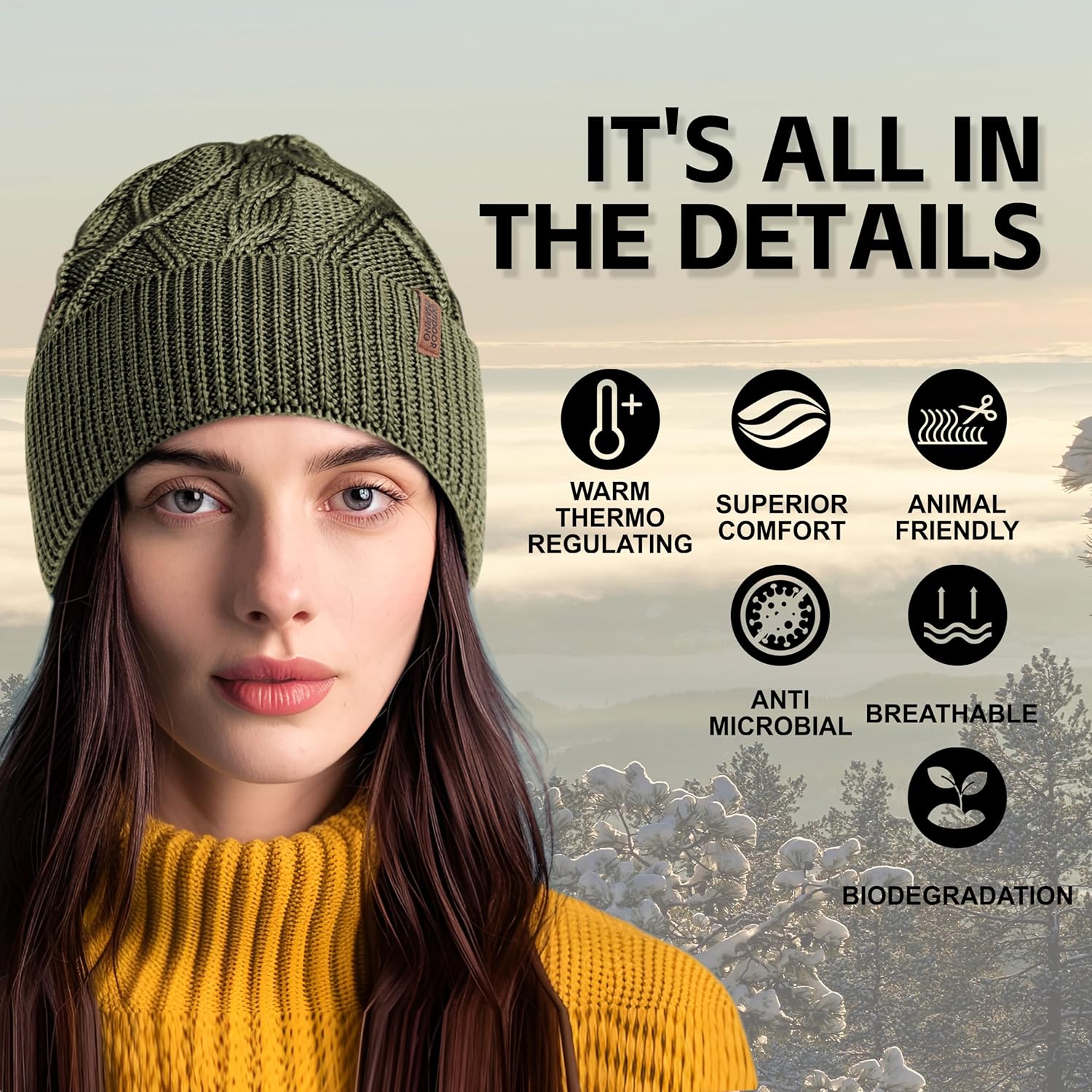 OUTDOOR SHAPING Merino Wool Beanie, Unisex Cable Knit Hat, Daily Rib Cuff Beanie, Warm Winter Cap - Image 3
