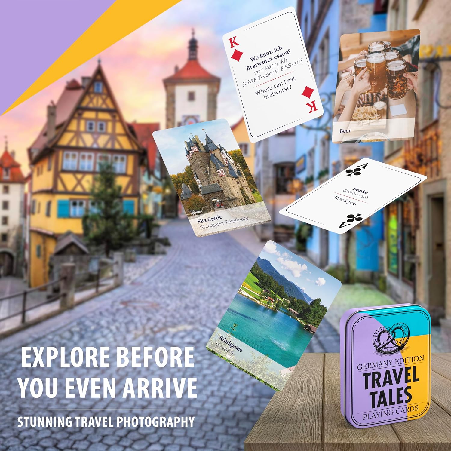 Travel Tales Germany Edition – Playing Cards with German Phrases & Stunning Travel Photography – Learn While You Play – Poker Size Deck in Tin Case – Gift for Travelers & Language Lovers - Image 5