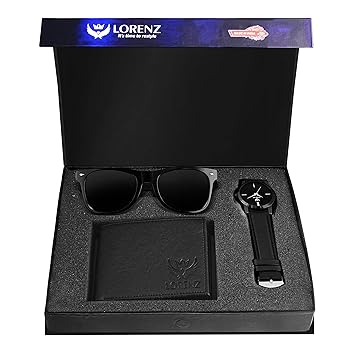 Lorenz Mens Gift Set Combo of Black Watch, Wallet & wunglasses | CM-103SN-WL-BLK