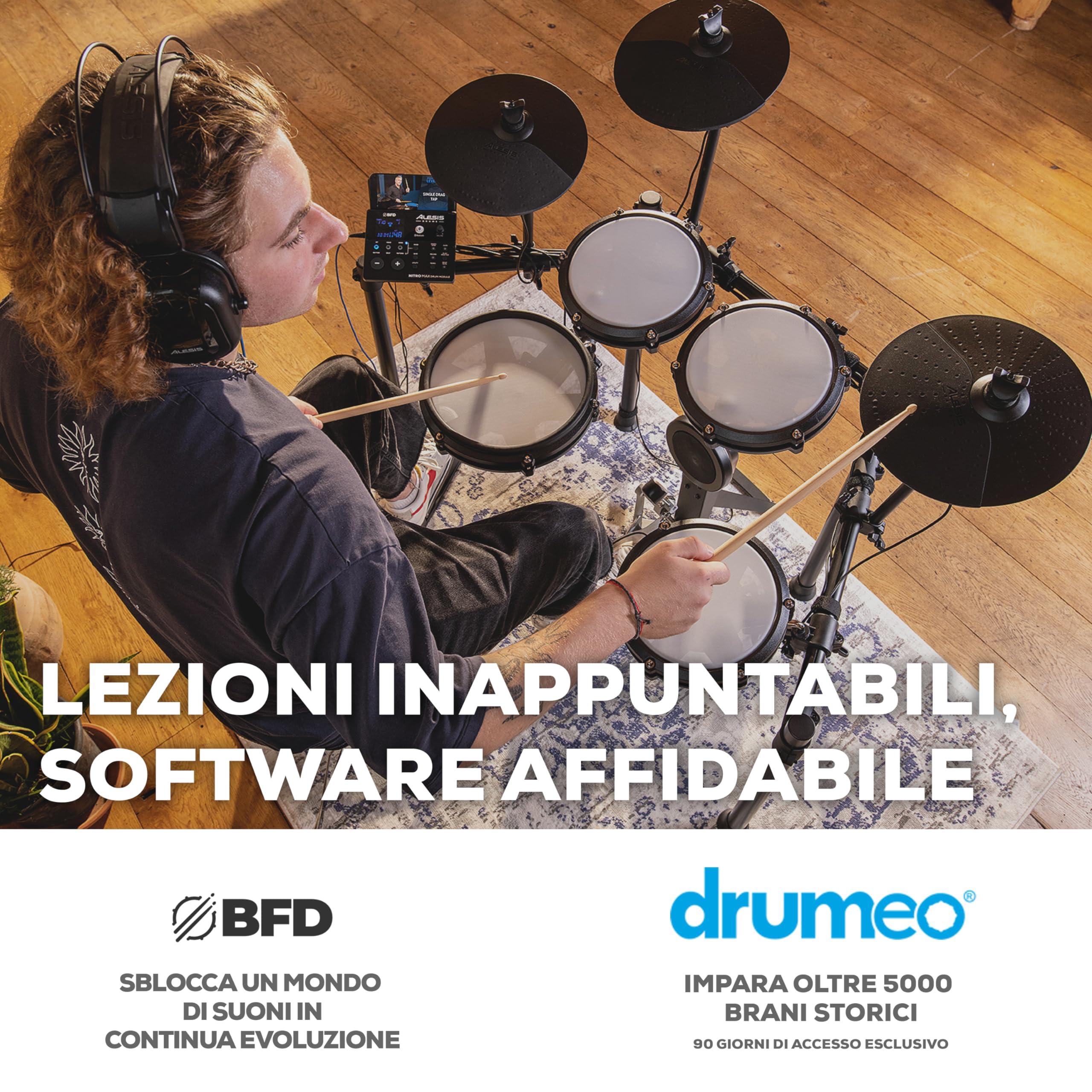 Alesis Nitro Max Batteria Elettronica a 10 pezzi con Pelli Mesh Silenziose, Rullante a Doppia Zona da 10", Bluetooth, 440+ Suoni Autentici, Drumeo, USB Midi, Pedale Grancassa, Sgabello e Cuffie