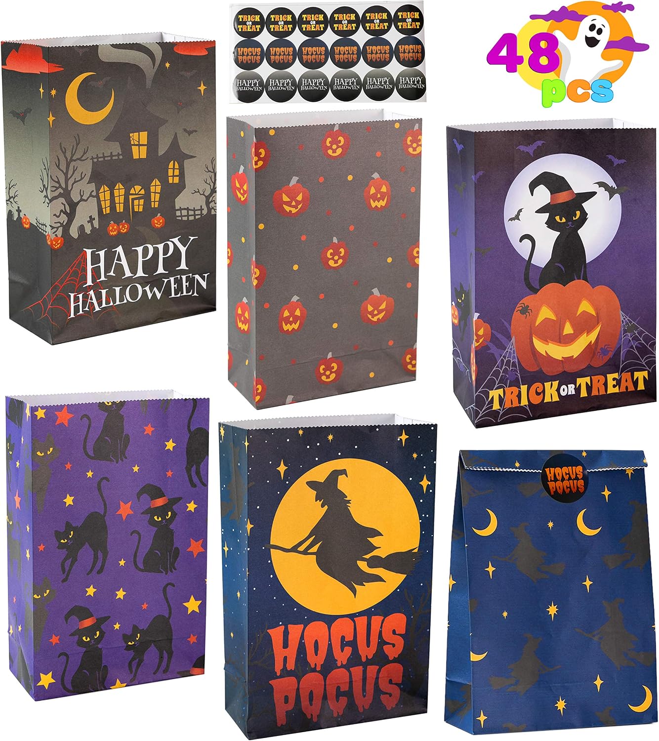 JOYIN 48 PCS Halloween Paper Treat Bags, Trick or Treat Goodie Bags with Stickers, Halloween Party Favors Kids Gift, Classroom Game Prizes, Halloween Decoration