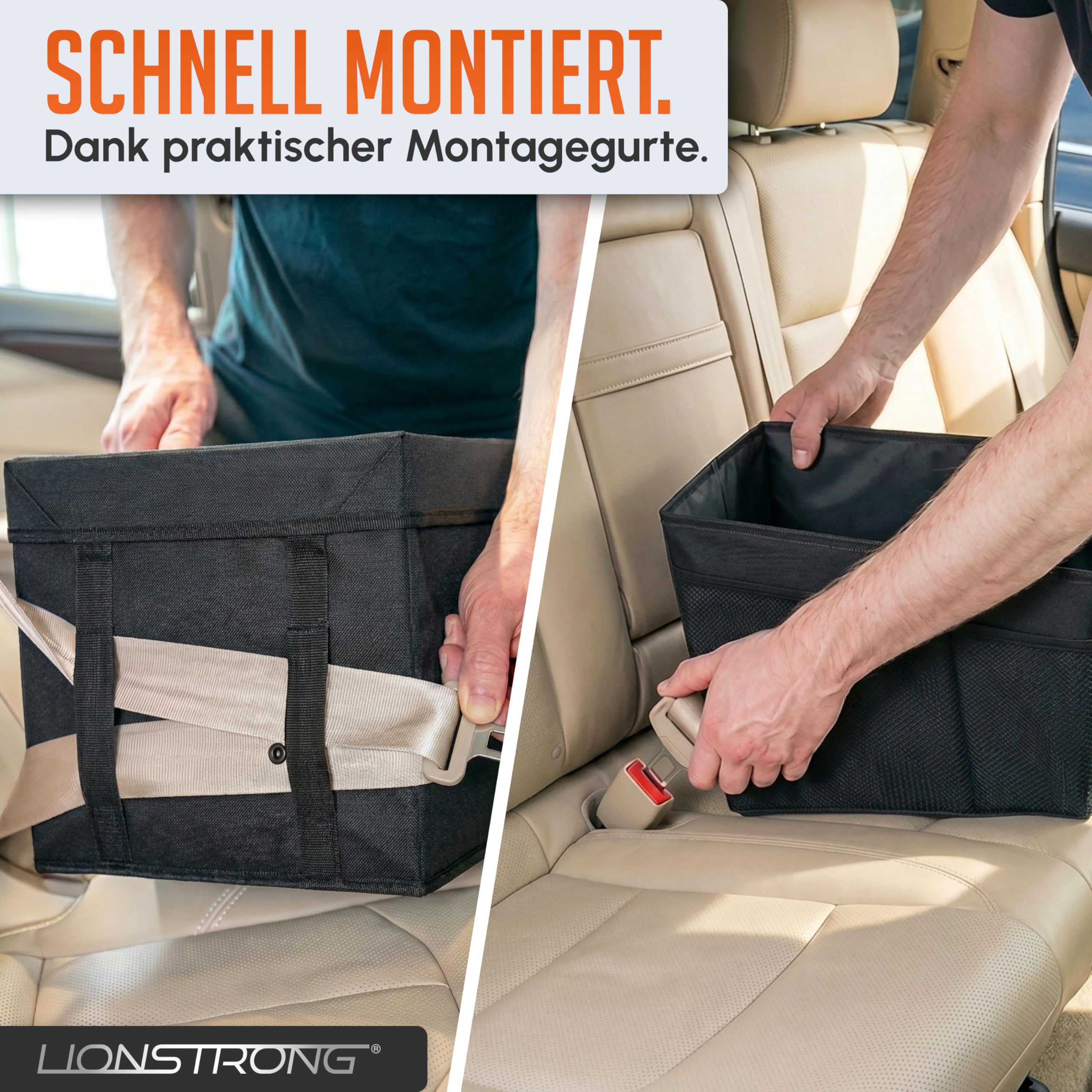 LIONSTRONG® Auto Organizer [EXTREM STABIL DURCH KUNSTSTOFFPLATTEN] - Universeller Rückbank Organizer für den Rücksitz & Beifahrersitz - Ideal für den Urlaub, viel Platz für Spielzeug - Wasserabweisend