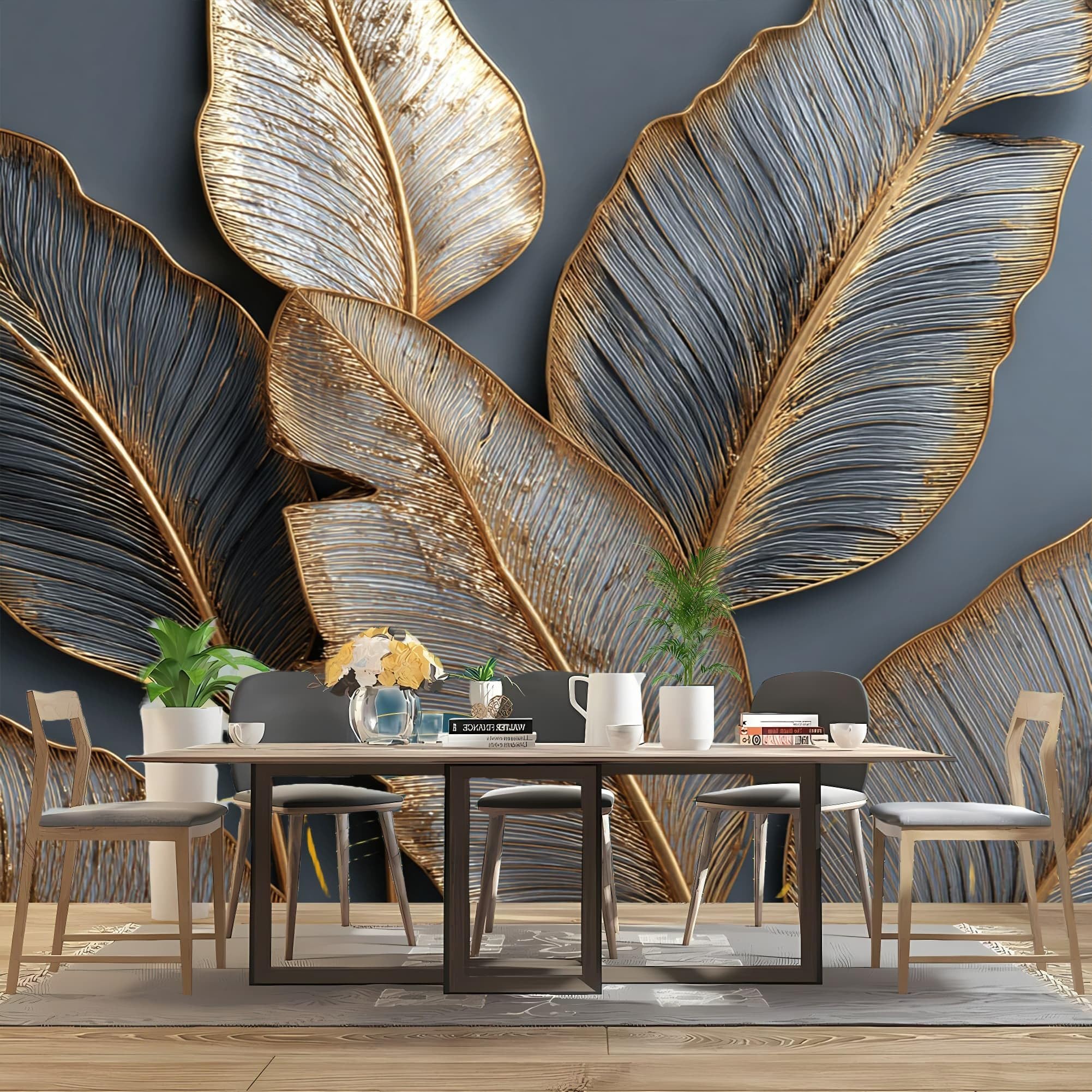 Tapeta z tłoczonymi roślinami 3D, tapeta na fizelinie, panoramiczny, dekoracja ścienna, 400 x 280 cm, złota, tapeta ścienna, pyłoszczelna i łatwa w pielęgnacji, do salonu, pokoju dziecięcego, sypialni