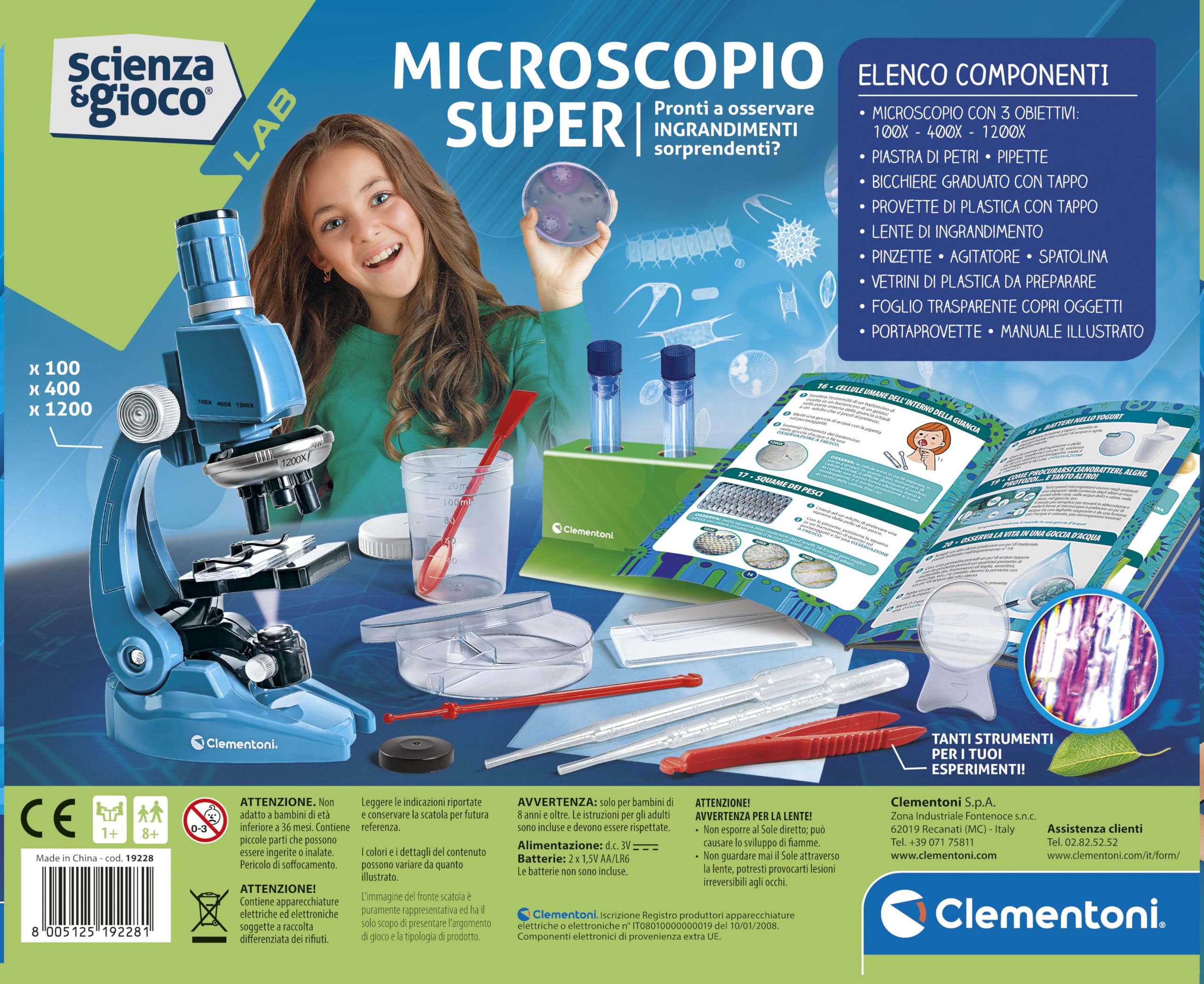 Clementoni Scienza e Gioco Lab - Microscopio Super, Kit Scientifico Bambini 8+ Anni, Laboratorio con Lenti di Ingrandimento Professionali 100x, 400x e 1200x, Lingua Italiana, 19228