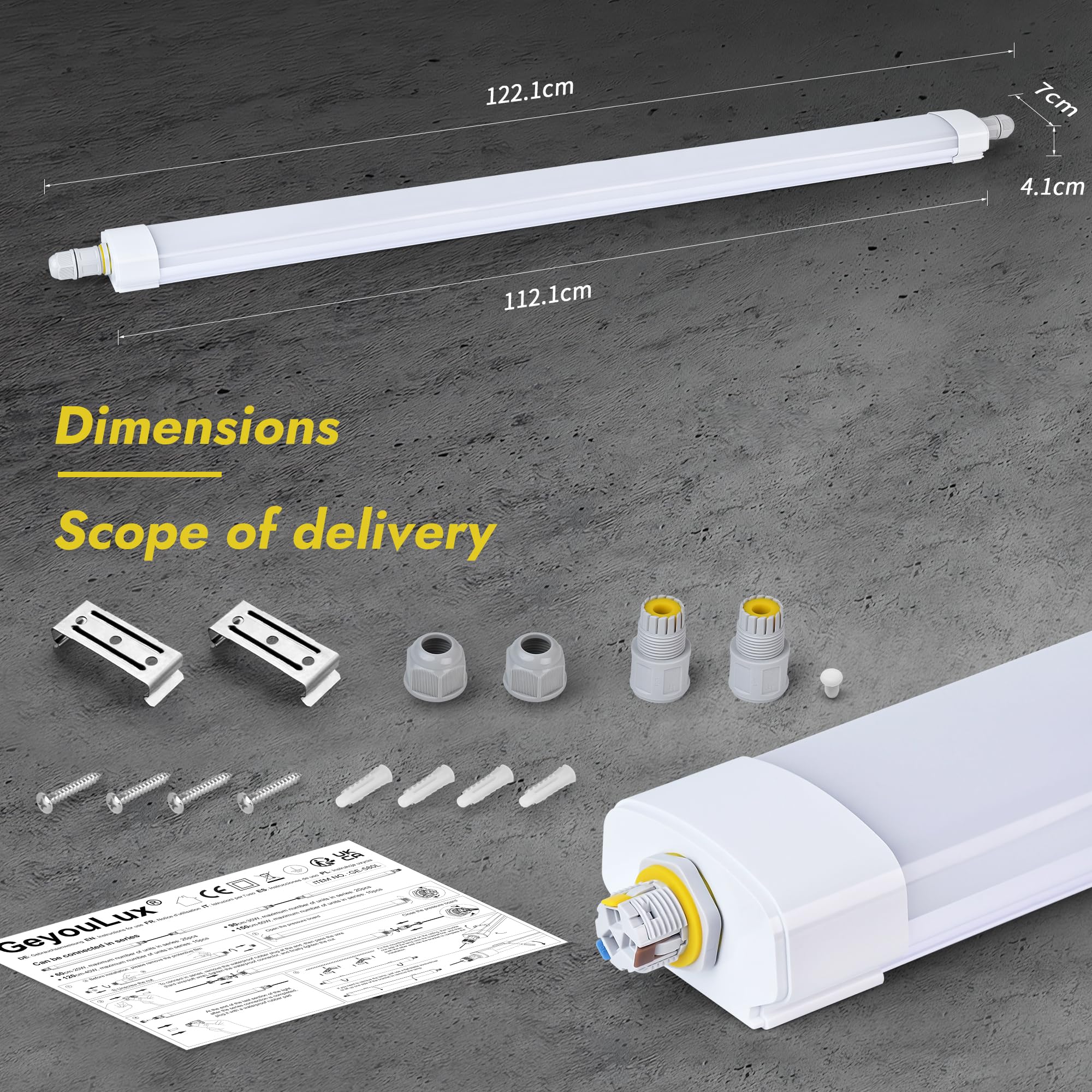 GeyouLux Réglette LED 120 cm, 40W 5040 lm 5000K Blanc Froid IP65 Étanche, Neon LED Garage Enchaînable avec Fil de Terre, 192 LEDs sans scintillement pour Garage Atelier Entrepôt Bureau, Tube Blanc