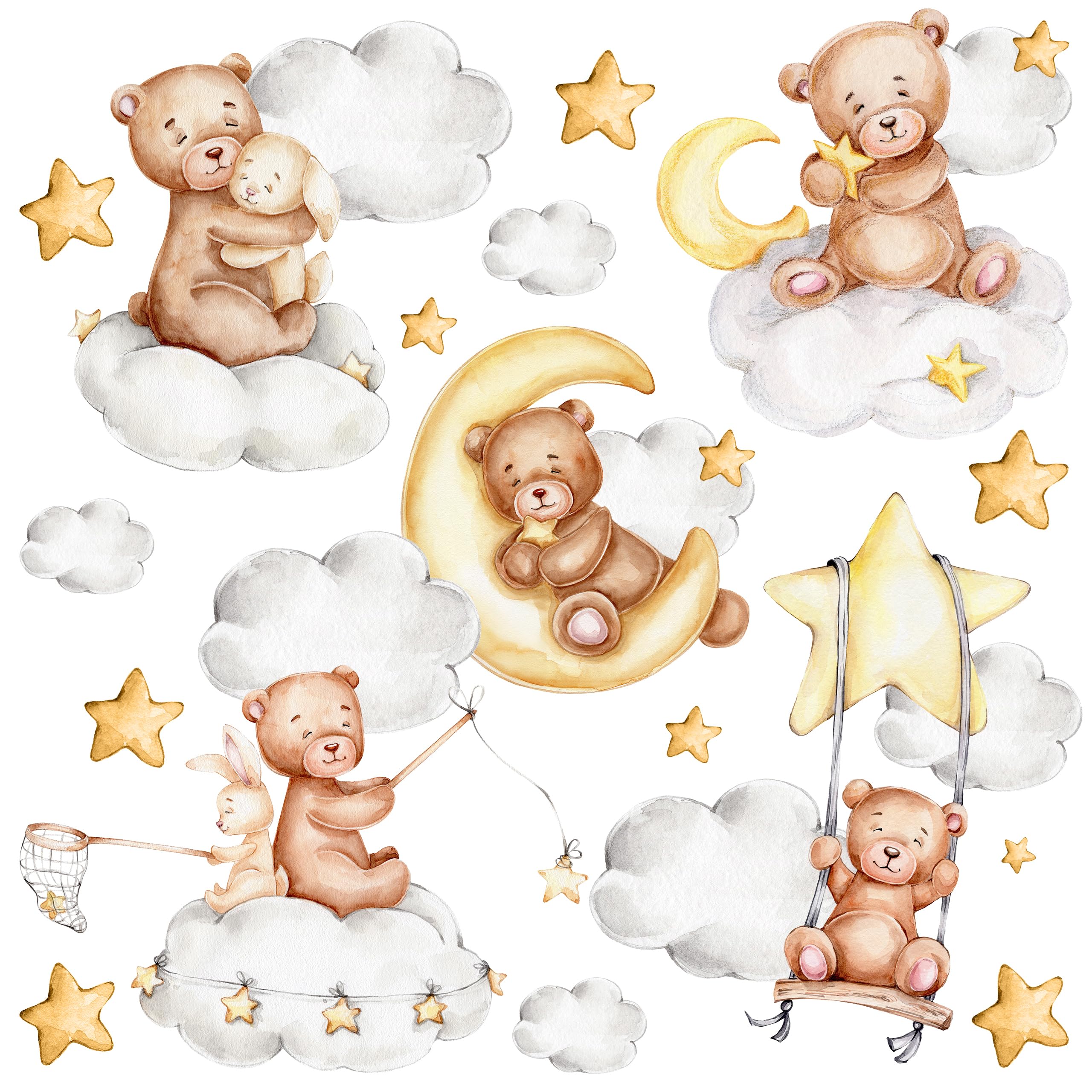 Muralo Sticker Set für Mädchen und Jungen - Aquarell Aufkleber Wandsticker Tattoo für Kinderzimmer - Wandaufkleber Süße Teddybären zwischen den Wolken Motiv - Br.120cm x Hö.60cm