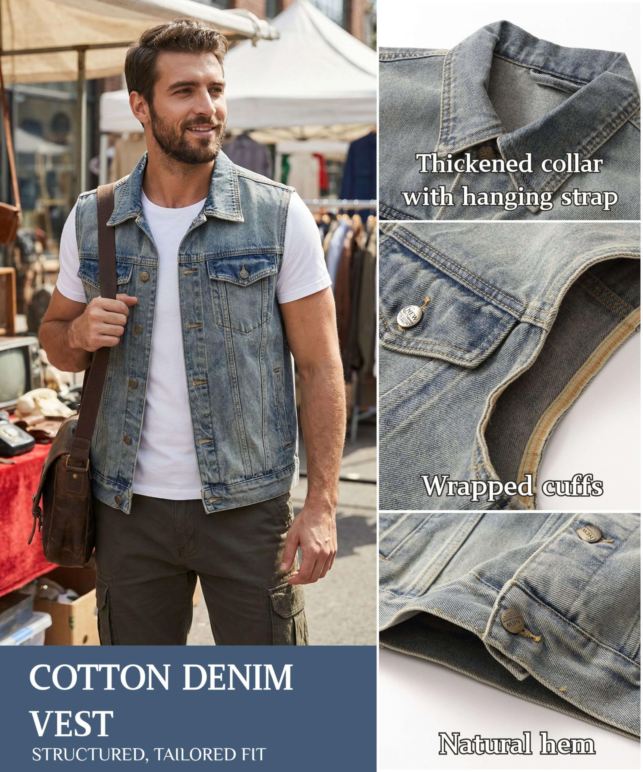 Homme Gilet en Denim Veste Décontractée Vintage Denim Gilets de Coton Revers Classique Rétro Jean Gilet Sans Manches Manteau de Moto