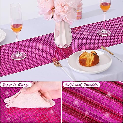 Miniatura 3 de Durony Paquete de 2 caminos de mesa disco de 11 x 108 pulgadas, espejo rosa intenso con purpurina y lentejuelas brillantes para despedida de