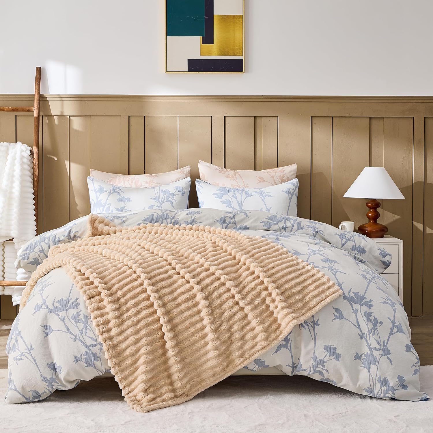 Simple&Opulence Flannel Throw Blanket for Couch - Super Soft 3D Striped Jacquard Fluffy Blanket for Bed, Fleece Lightweight Cozy Throw for All Seasons (50"x60", Beige) - Image 8