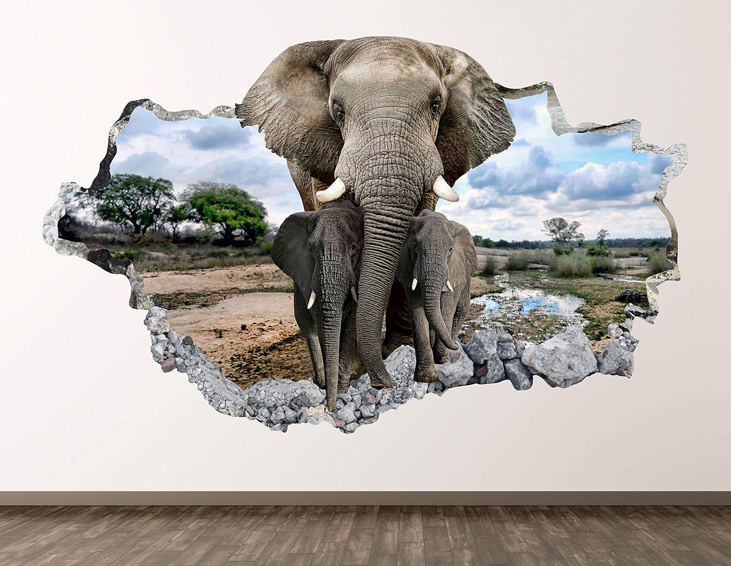 West Mountain Elephant Wall Decal Art Decor 3D Smashed Animal Forest Sticker Poster Kids Room Mural Custom Gift BL408 (30" W x 18" H)