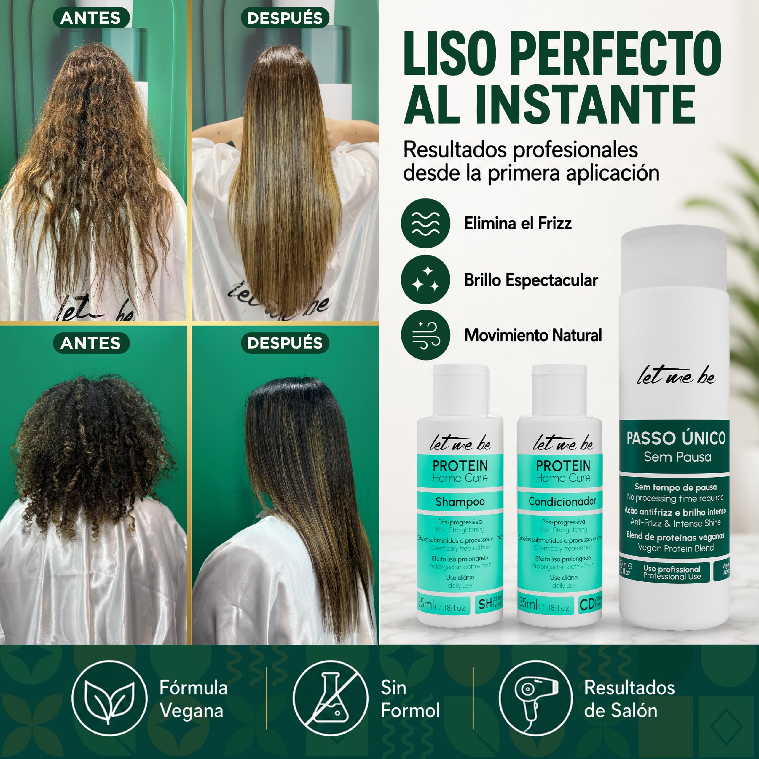 Let Me Be - Kit Alisado Brasileño Orgánico Profesional en Casa "Sin Pausa" | Keratina para Alisar el Cabello Vegana y Sin Formol | Acción Rápida 20 Minutos | Pelo Liso y Brillante Hasta 12 Semanas