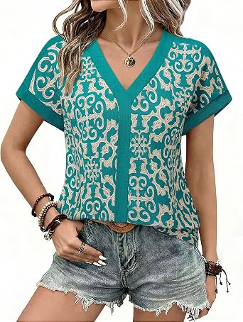 Furnex Womens Summer Tops V Neck Short Sleeve Blouses Dressy Casual Floral Boho Vacation Clothes