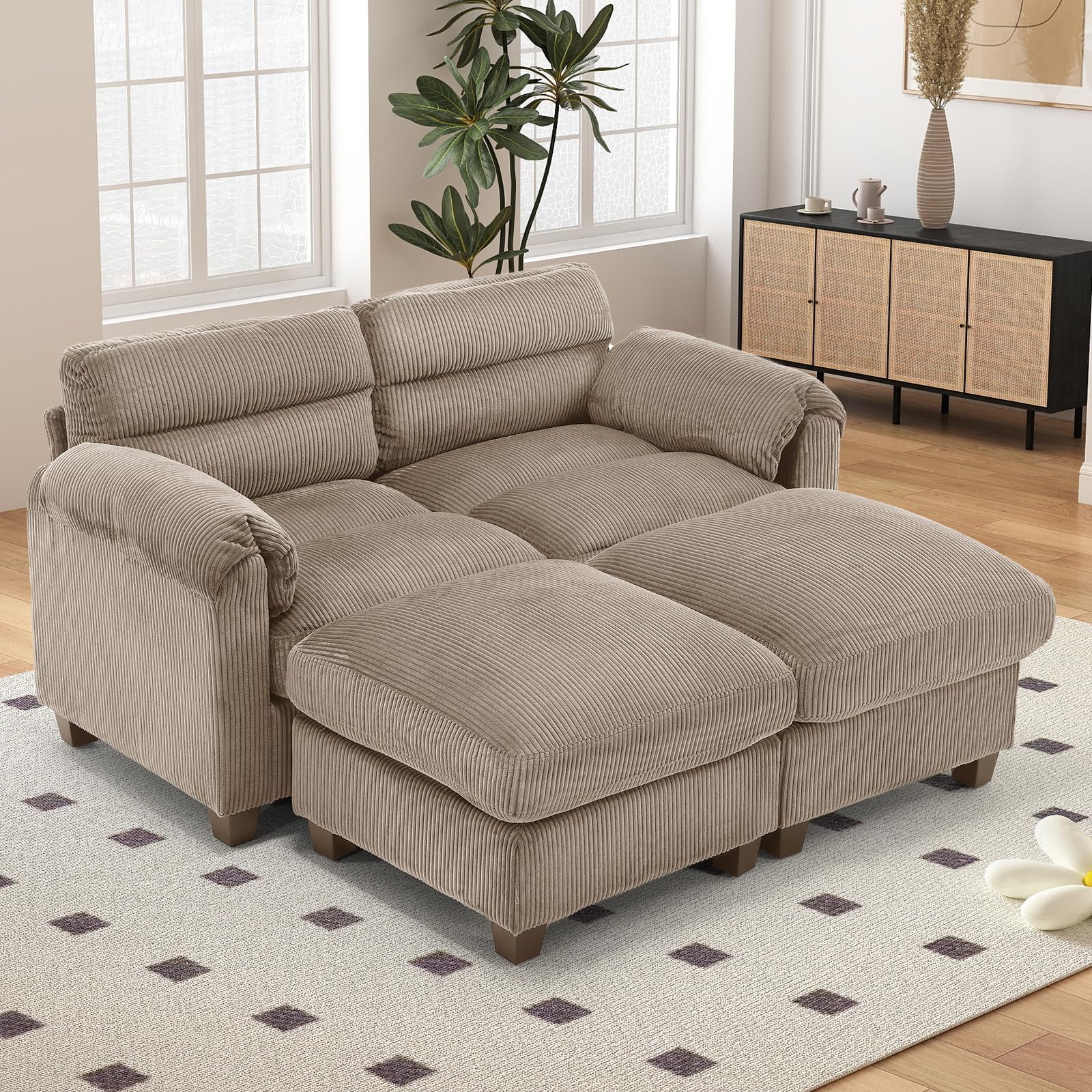 60" Modular Sofa with 2 Movable Ottoman, Corduroy Fabric 4-Seater Couch with Reversible Chaise Lounge, Sectional Couches for Living Room, Brown