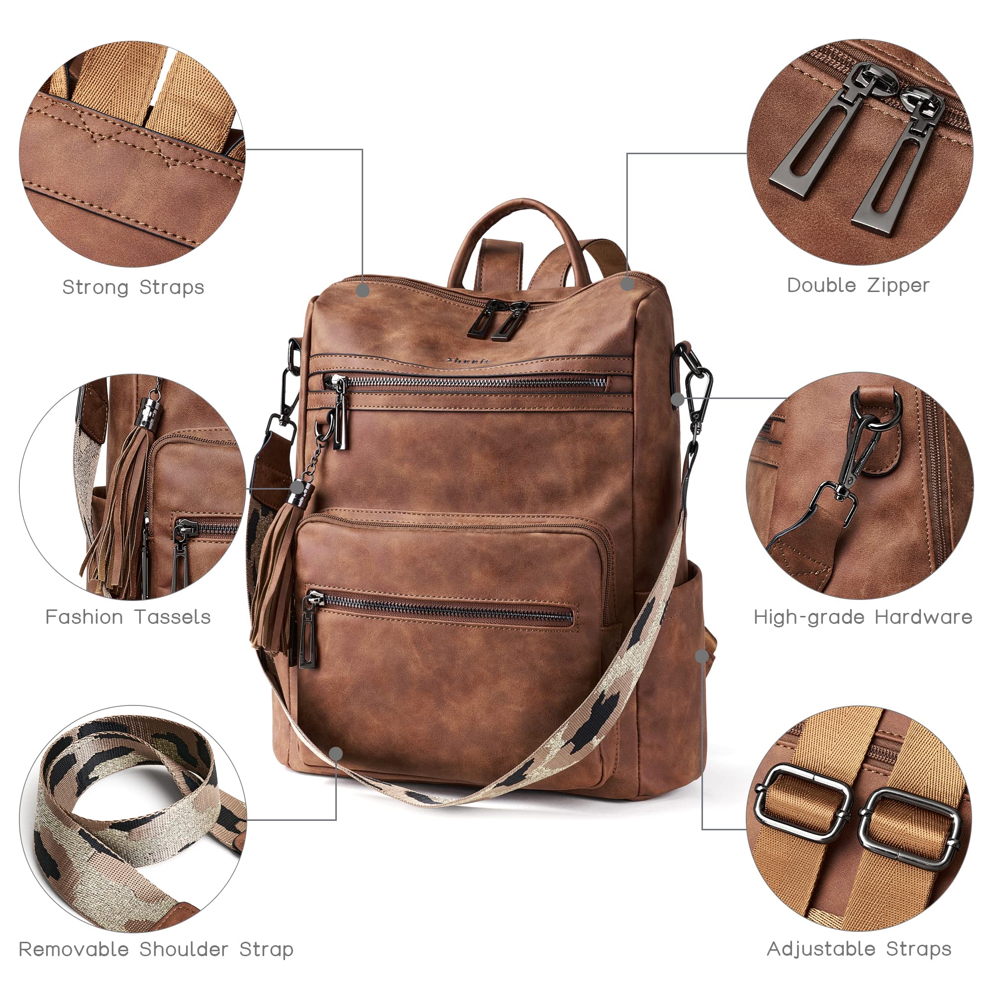 Shrrie Rucksack Damen,Cityrucksack Reiserucksack,PU Lederrucksack Handtasche Rucksack Damen Wasserdicht mit Geldbörse für Freizeit,Büro,Pendeln,Arbeit,Daypack-Nubukbraun